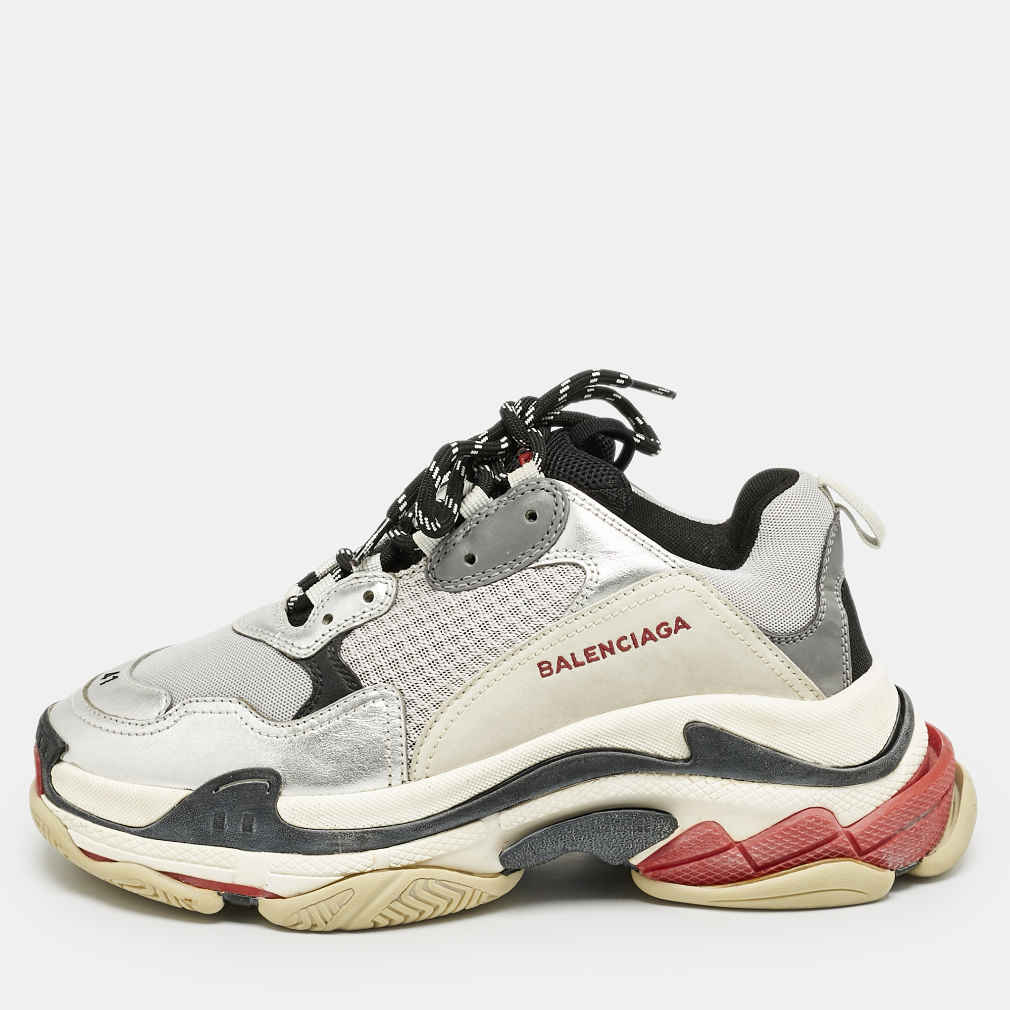 

Balenciaga Silver Leather and Mesh Triple S Sneakers Size