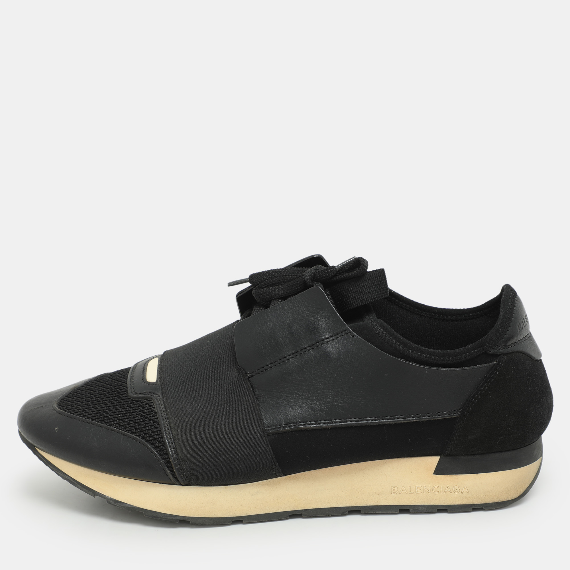 

Balenciaga Black Leather and Mesh Race Runner Low Top Sneakers Size