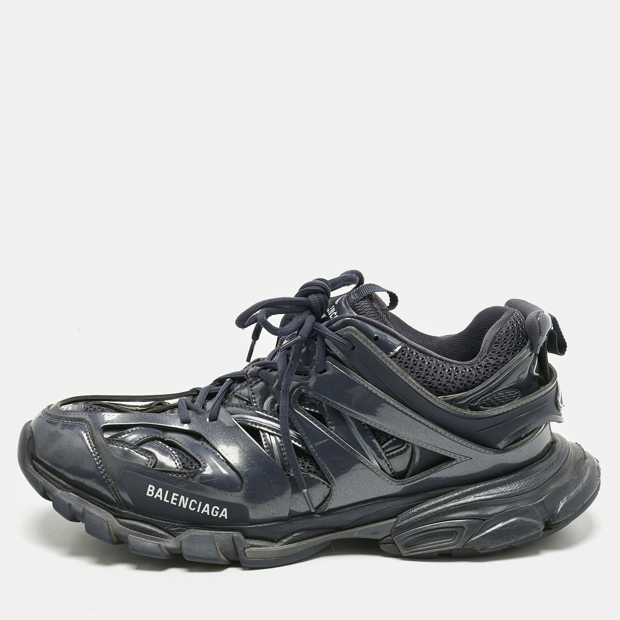 Balenciaga Navy Blue Faux Leather and Mesh Track Sneakers Size 46