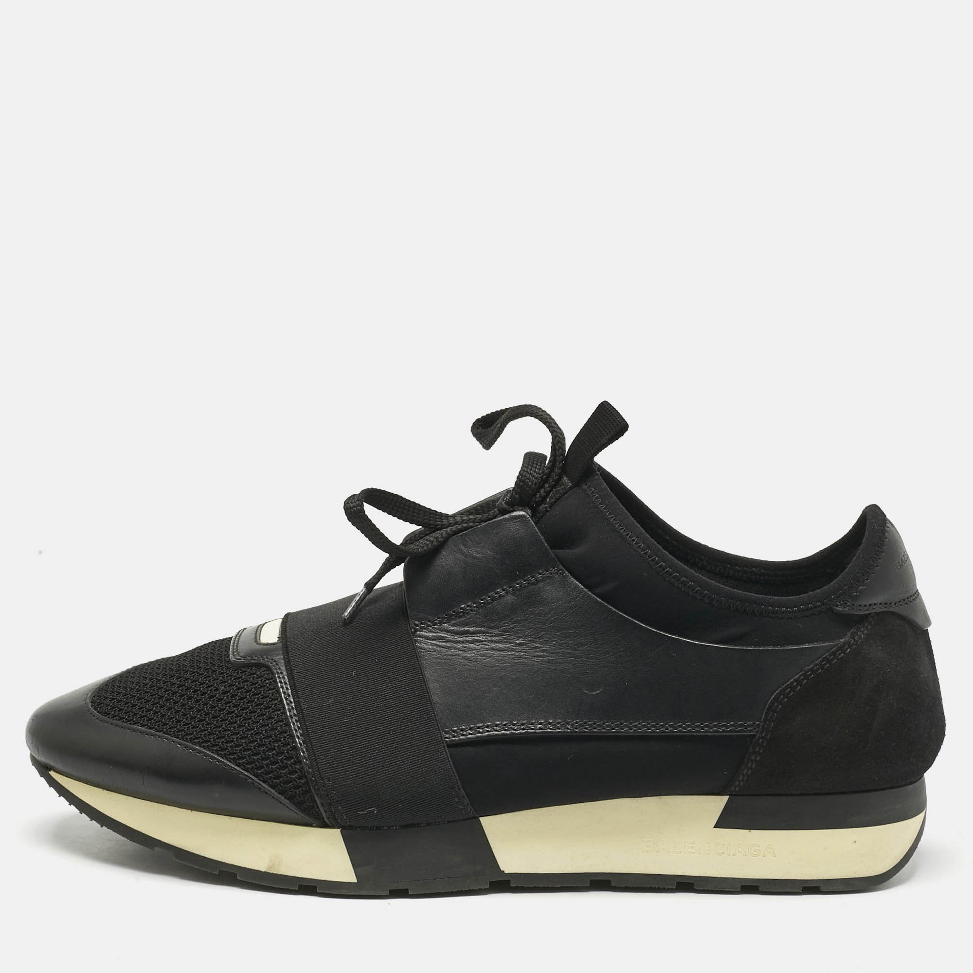 Balenciaga Black Leather and Mesh Race Runner Low Top Sneakers Size 42