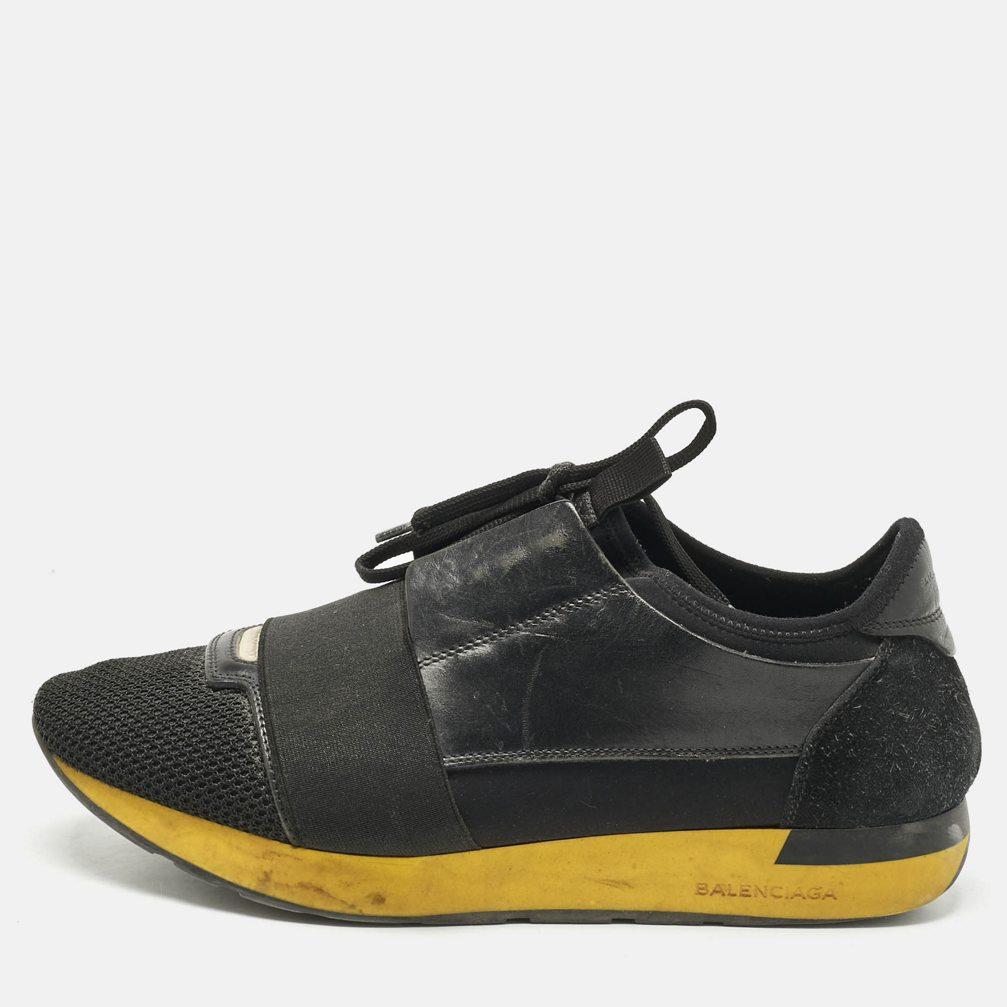 

Balenciaga Black Leather and Mesh Race Runner Low Top Sneakers Size