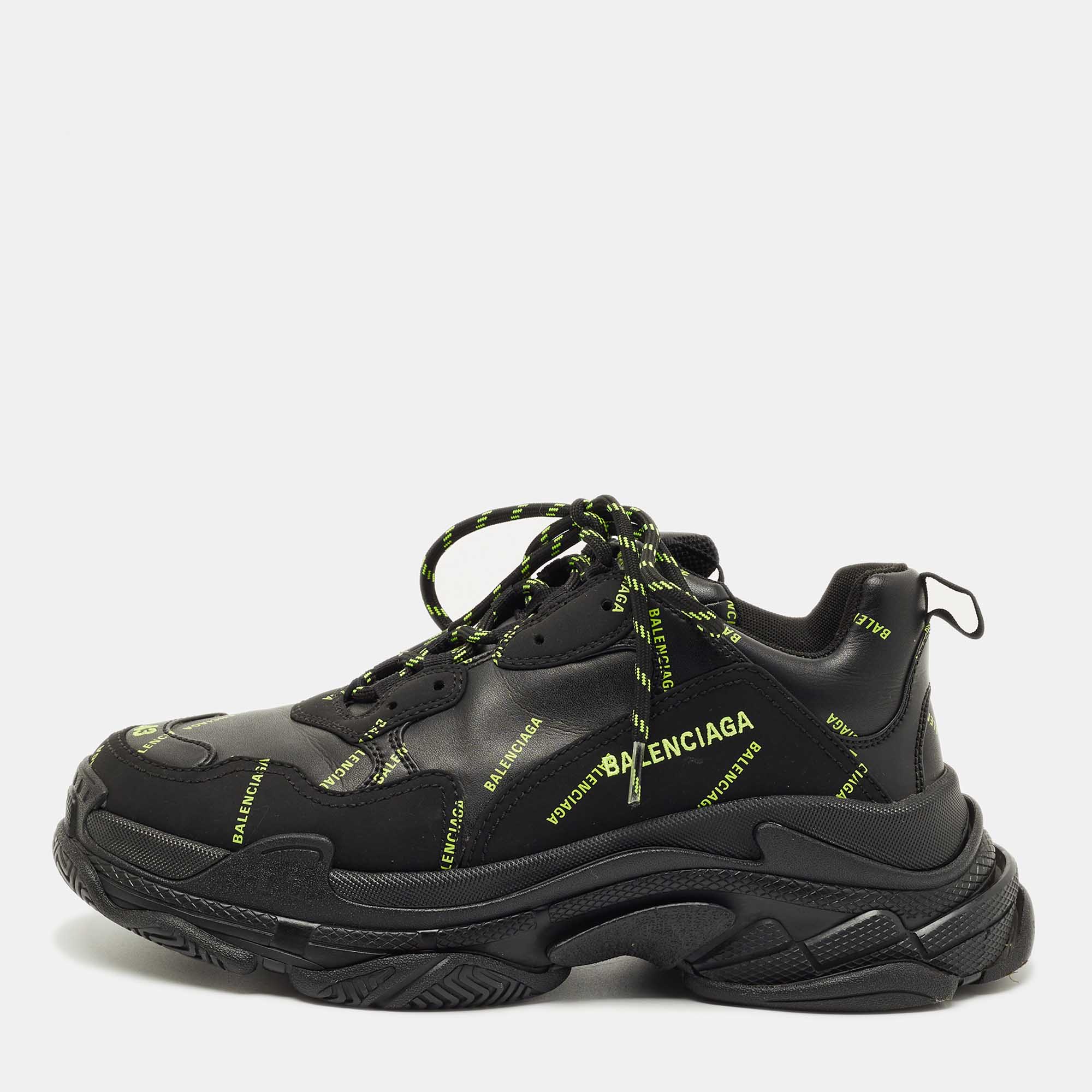 

Balenciaga Black Faux Leather Allover Logo Triple S Sneakers Size