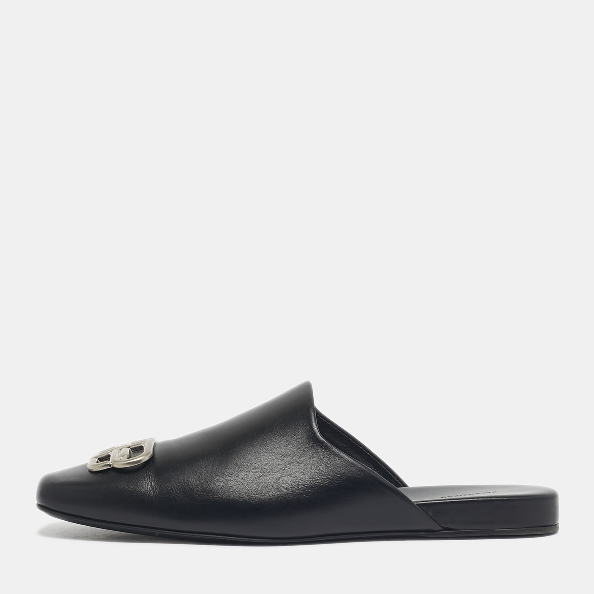 Balenciaga Black Leather Cosy BB Flat Mules Size 42