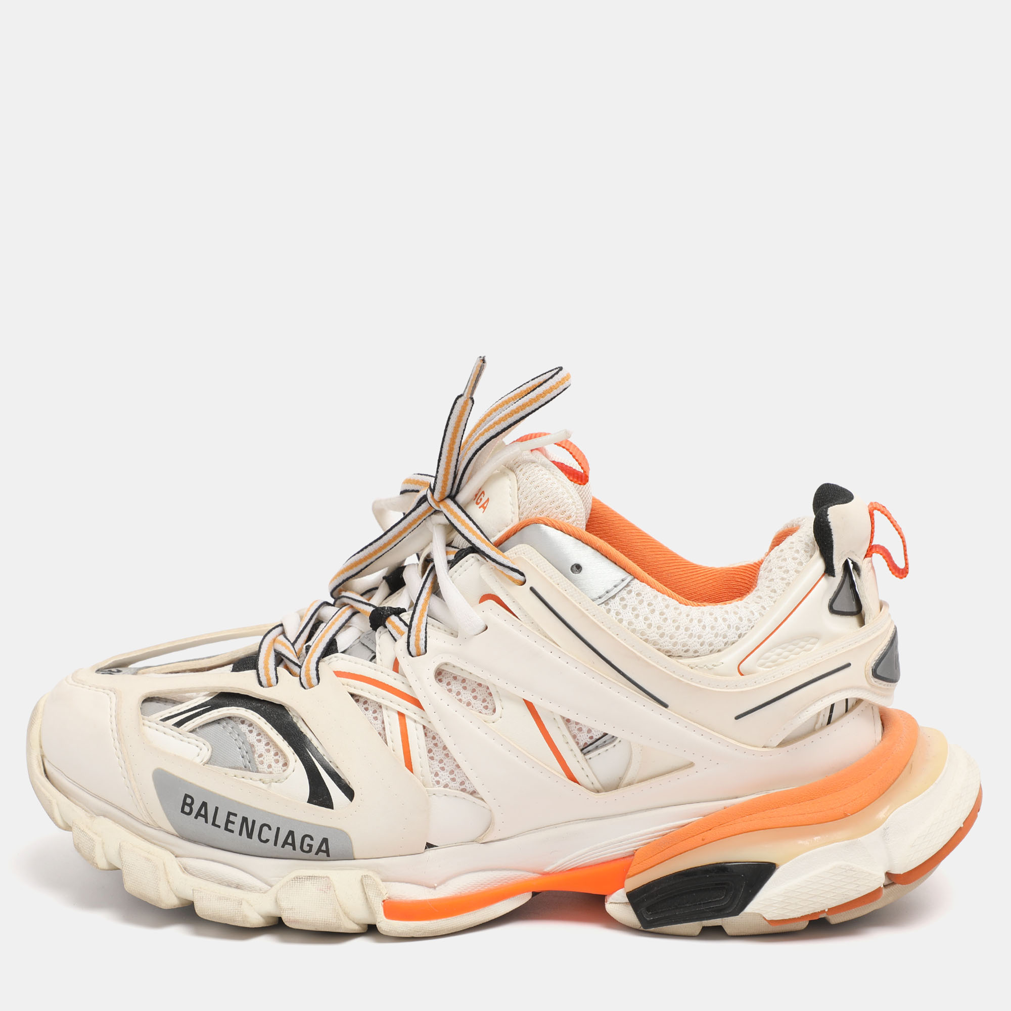 

Balenciaga White/Orange Mesh and Faux Leather Track Low Top Sneakers Size 39