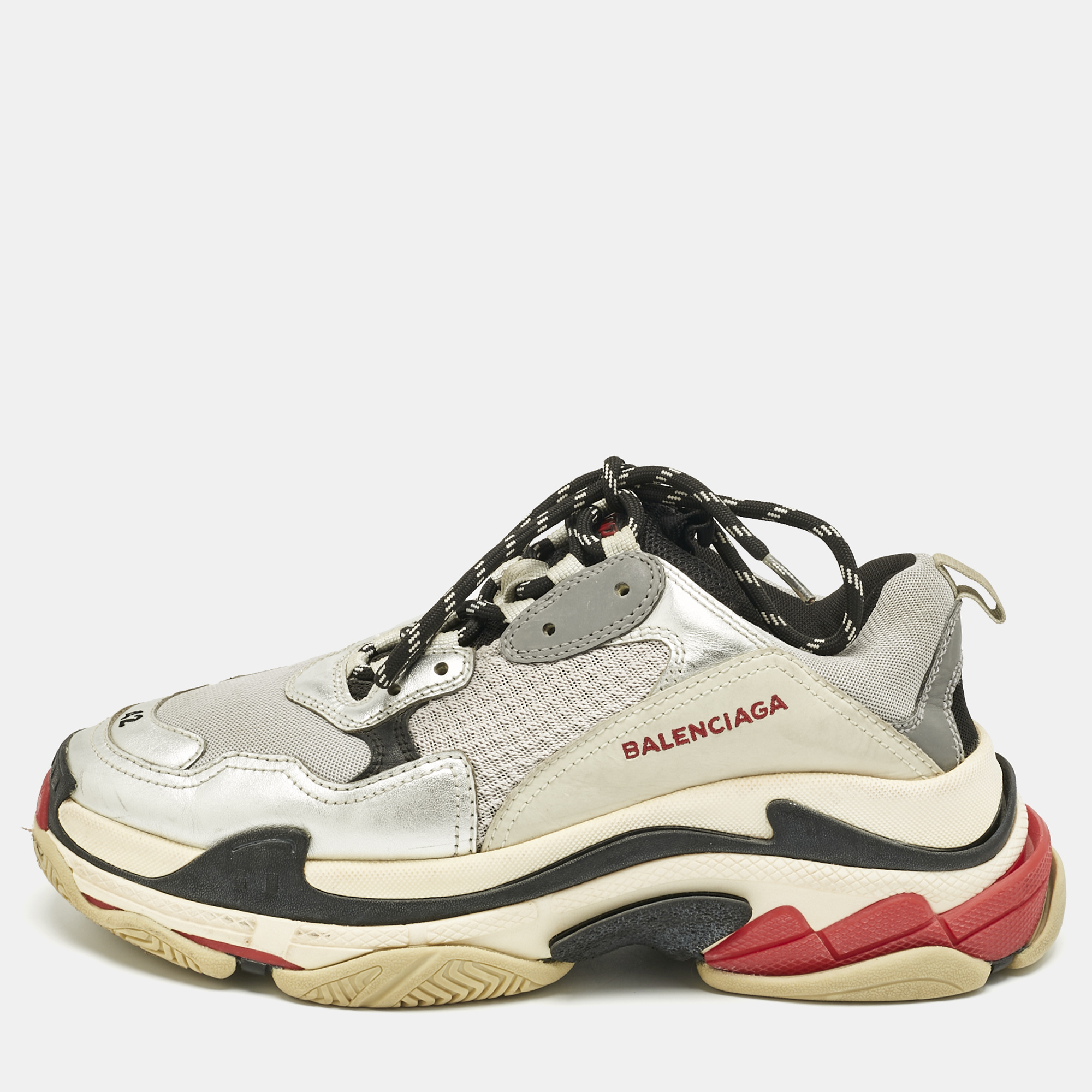 

Balenciaga Silver/Grey Leather and Mesh Triple S Sneakers Size