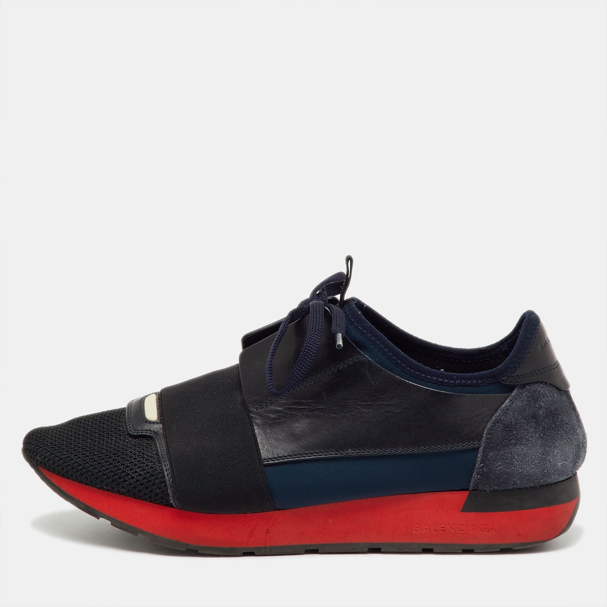 

Balenciaga Black/Navy Blue Leather, Neoprene and Mesh Race Runner Sneakers Size