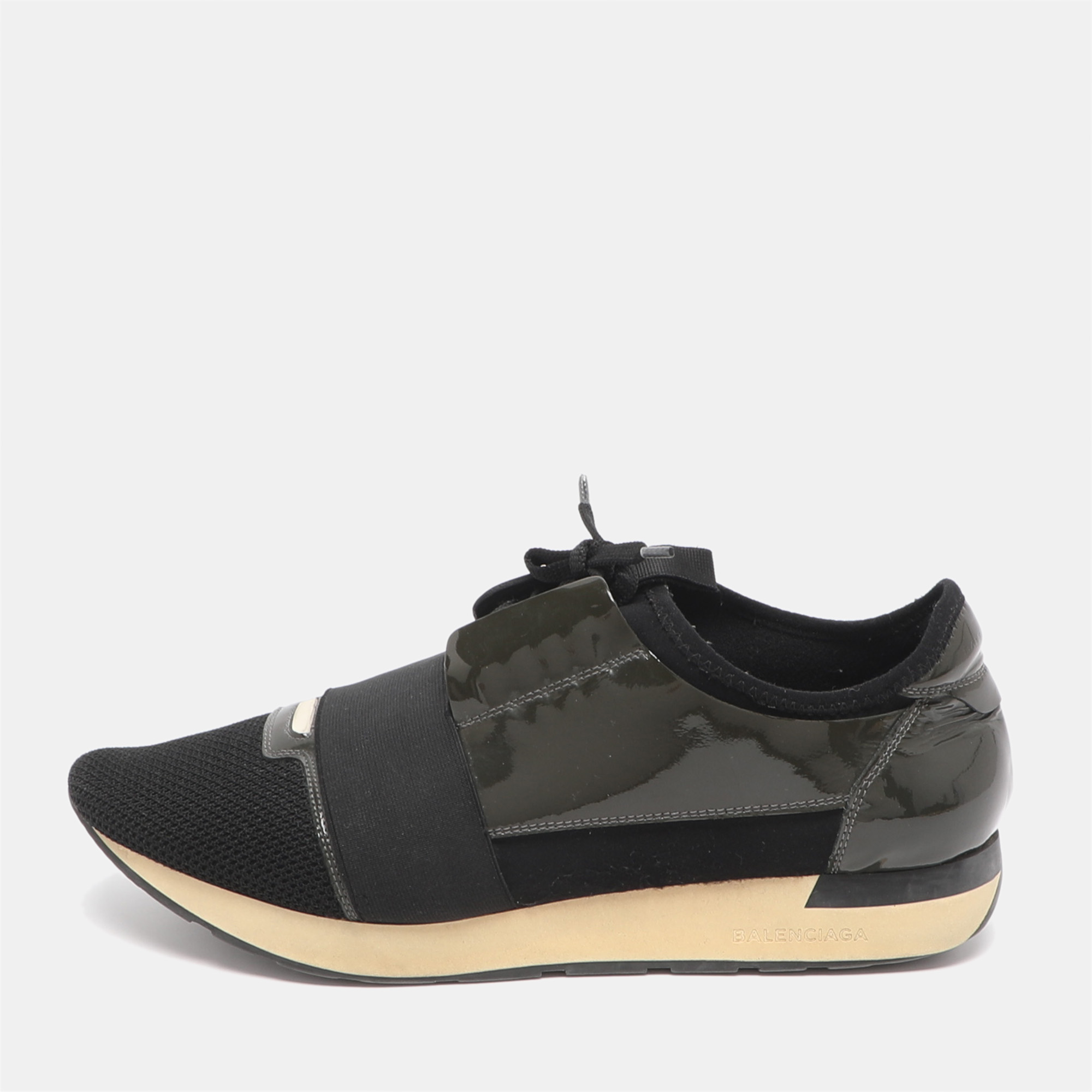 

Balenciaga Race Runner Size  Black/Olive Mesh and Patent Leather Low Top Sneakers