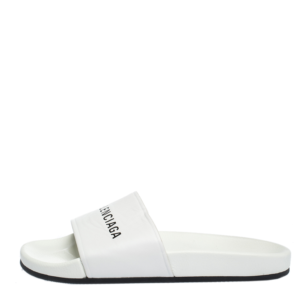 

Balenciaga White Leather Logo Slide Sandals Size