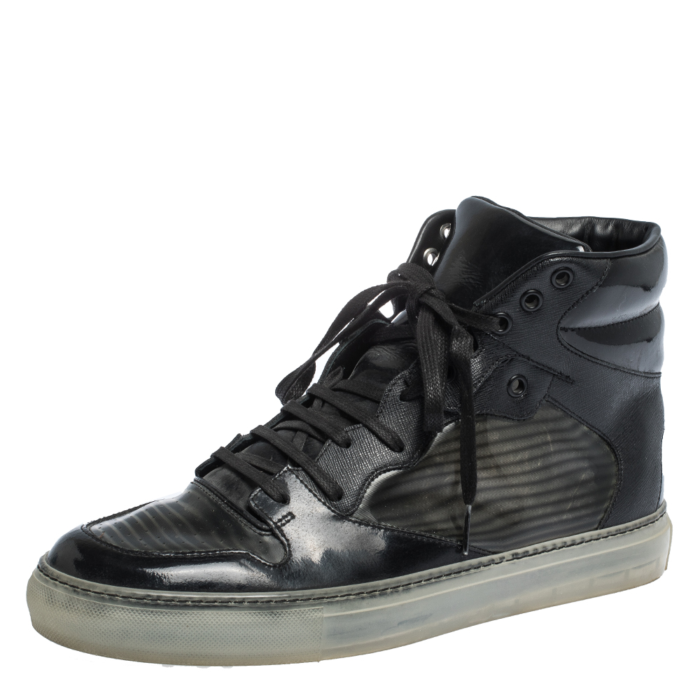 

Balenciaga Black Leather and PVC Patchwork High Top Sneakers Size