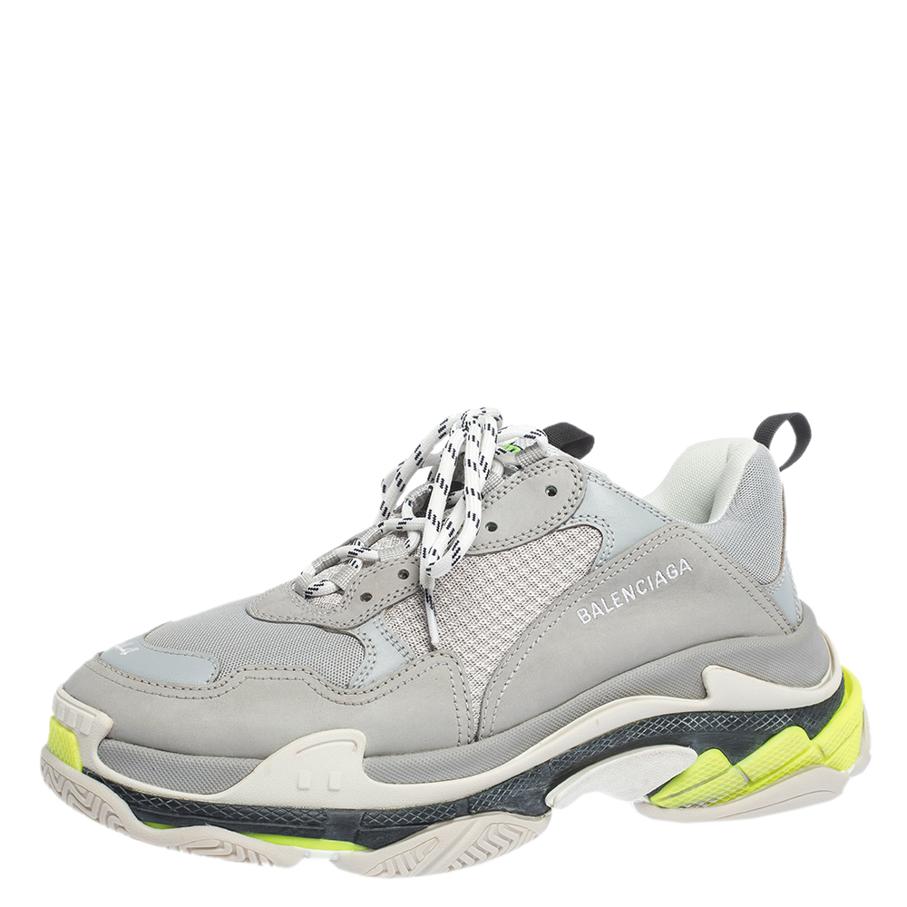 Balenciaga Grey/Neon Mesh, Nubuck And Leather Triple S Platform Sneakers Size 44