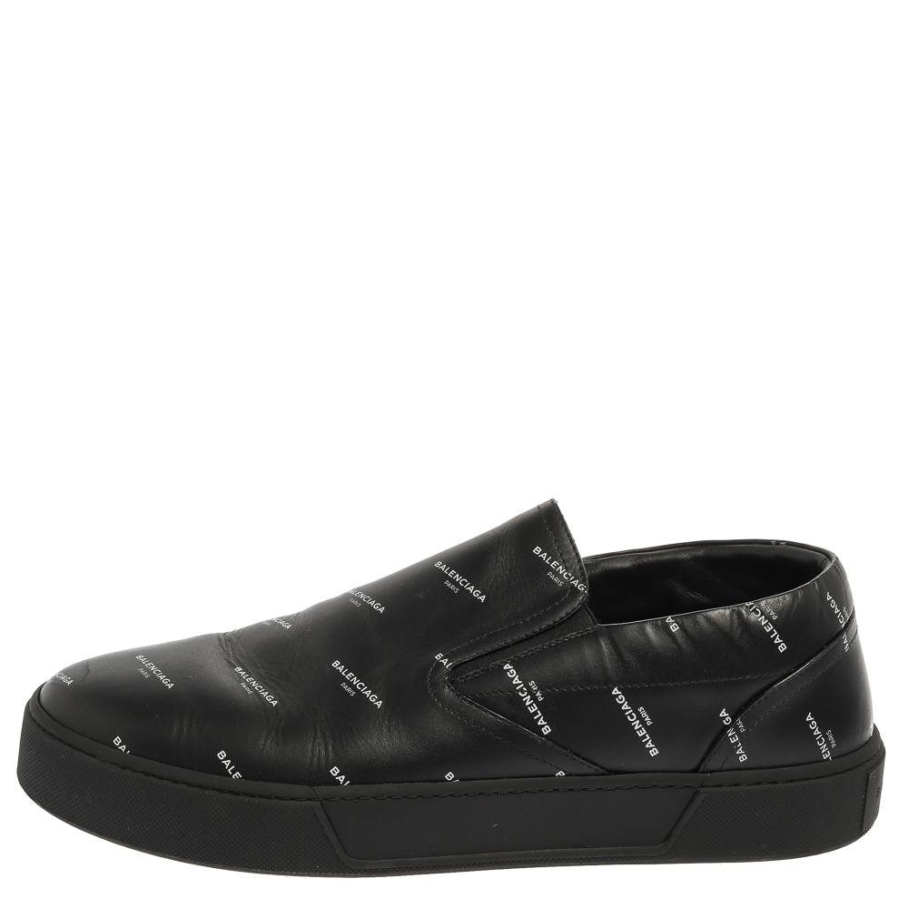

Balenciaga Black Logo Print Leather Slip On Sneakers Size