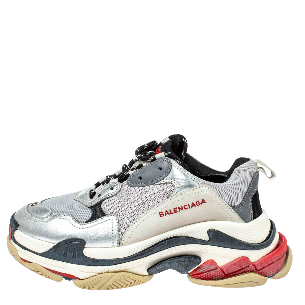 

Balenciaga Silver Mesh And Leather Triple S Platform Sneakers Size
