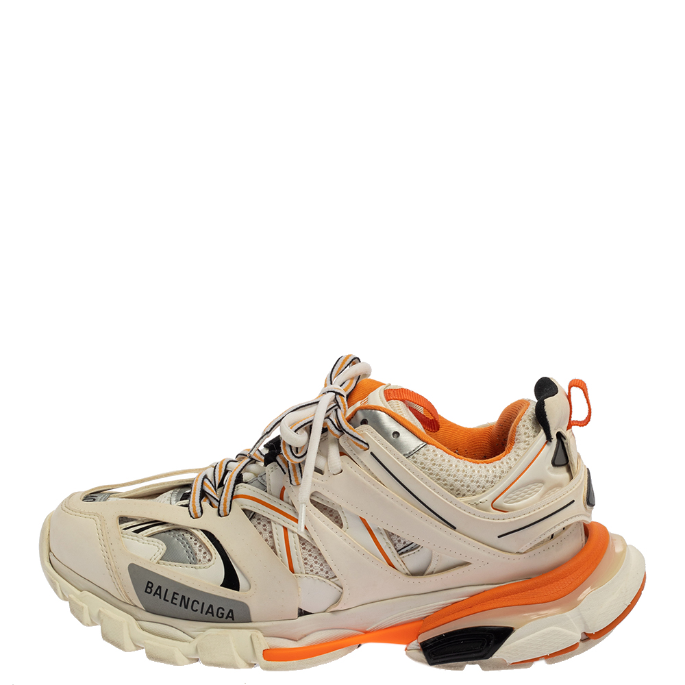

Balenciaga White/Orange Leather And Mesh Track Sneakers Size