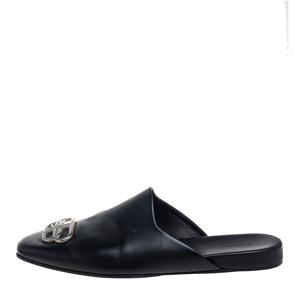 

Balenciaga Black Leather Cosy BB Logo Embellished Mule Sandals Size