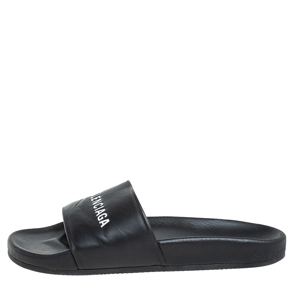 

Balenciaga Black Leather Logo Slide Sandals Size