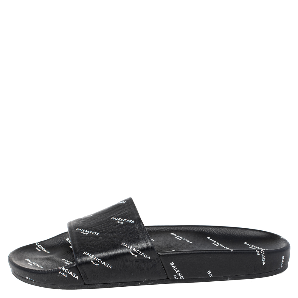 

Balenciaga Black Logo Stamped Leather Slide Sandals Size