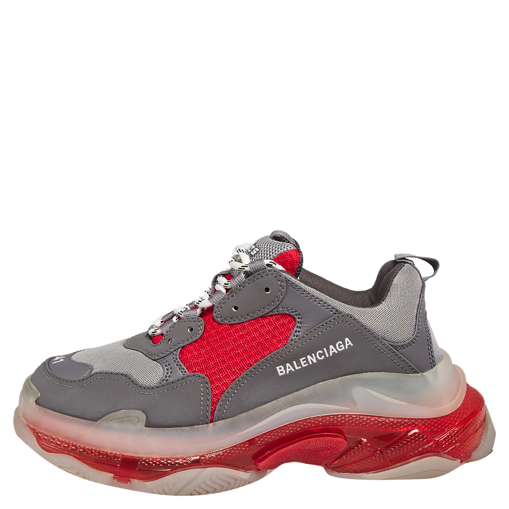 

Balenciaga Grey/Red Leather And Mesh Triple S Low Top Sneakers Size