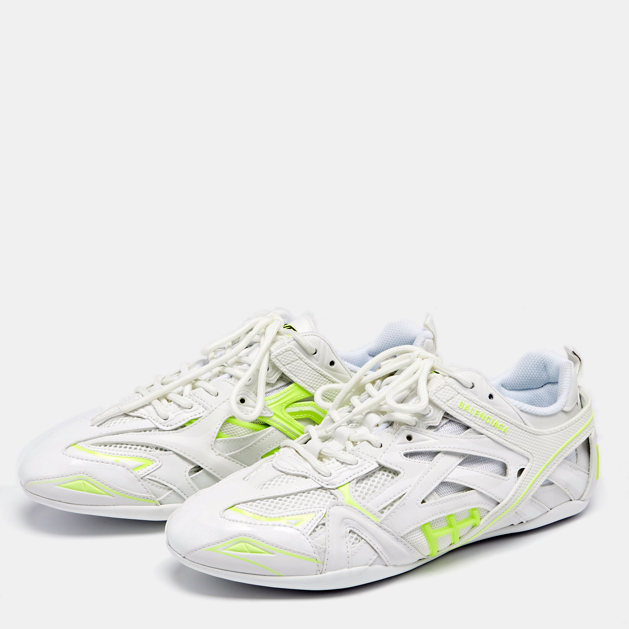 

Balenciaga White/Neon Green Leather and Mesh Drive Sneakers Size