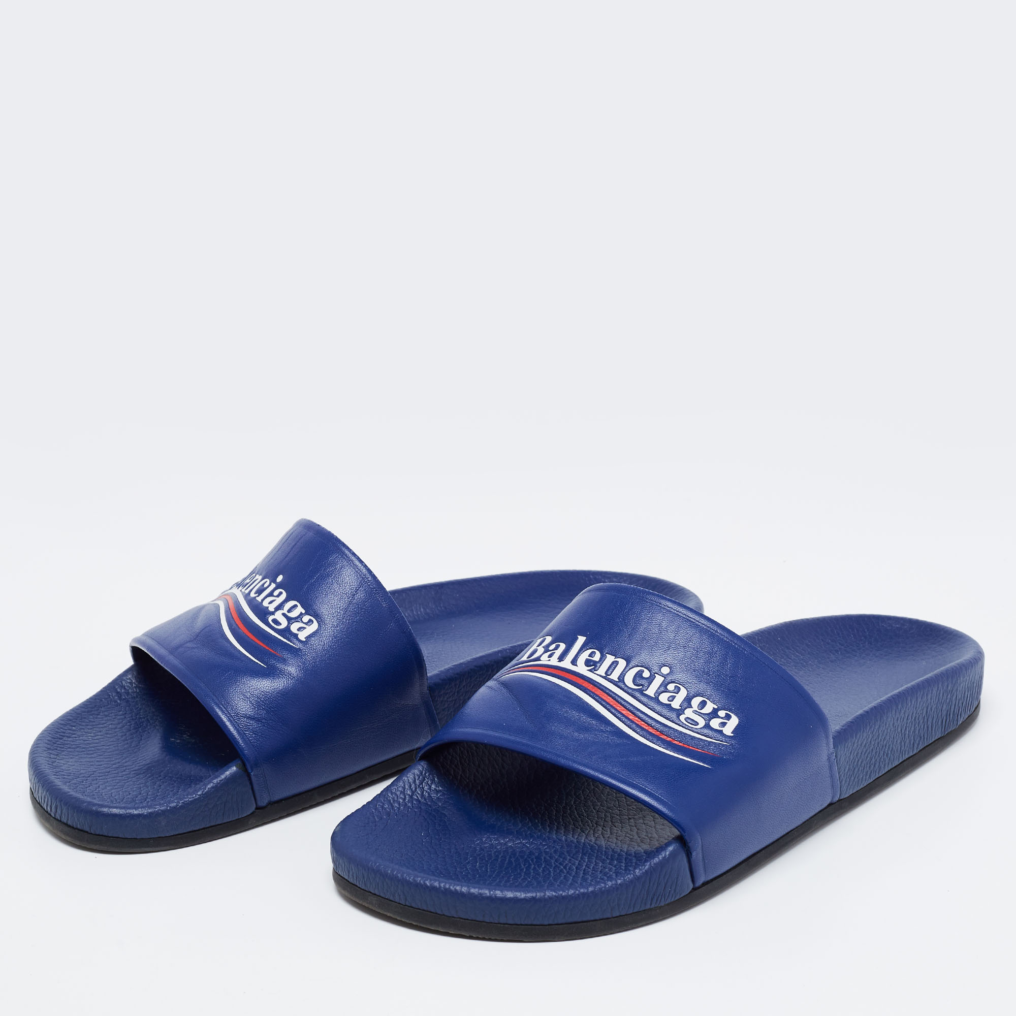 

Balenciaga Blue Leather Slip on Slides Size