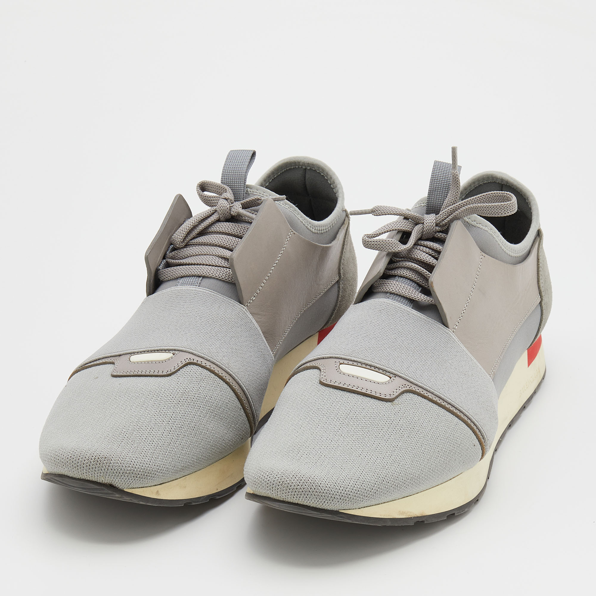 

Balenciaga Grey Knit Fabric And Leather Race Runner Low Top Sneakers Size