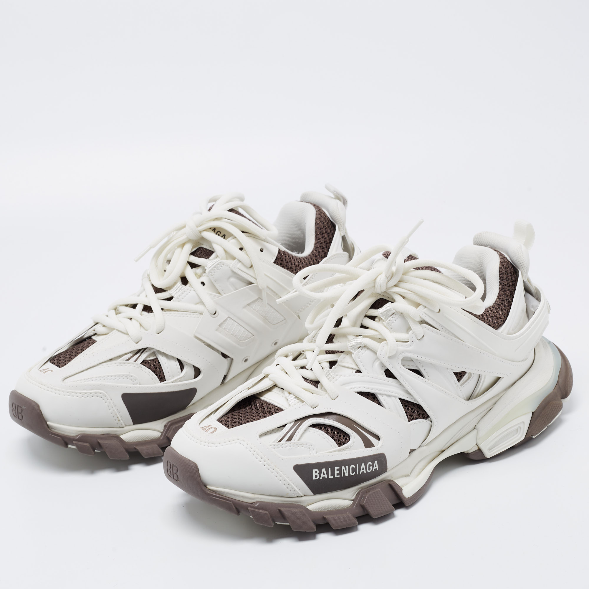 

Balenciaga White/Brown Leather and Fabric Track Sneakers Size
