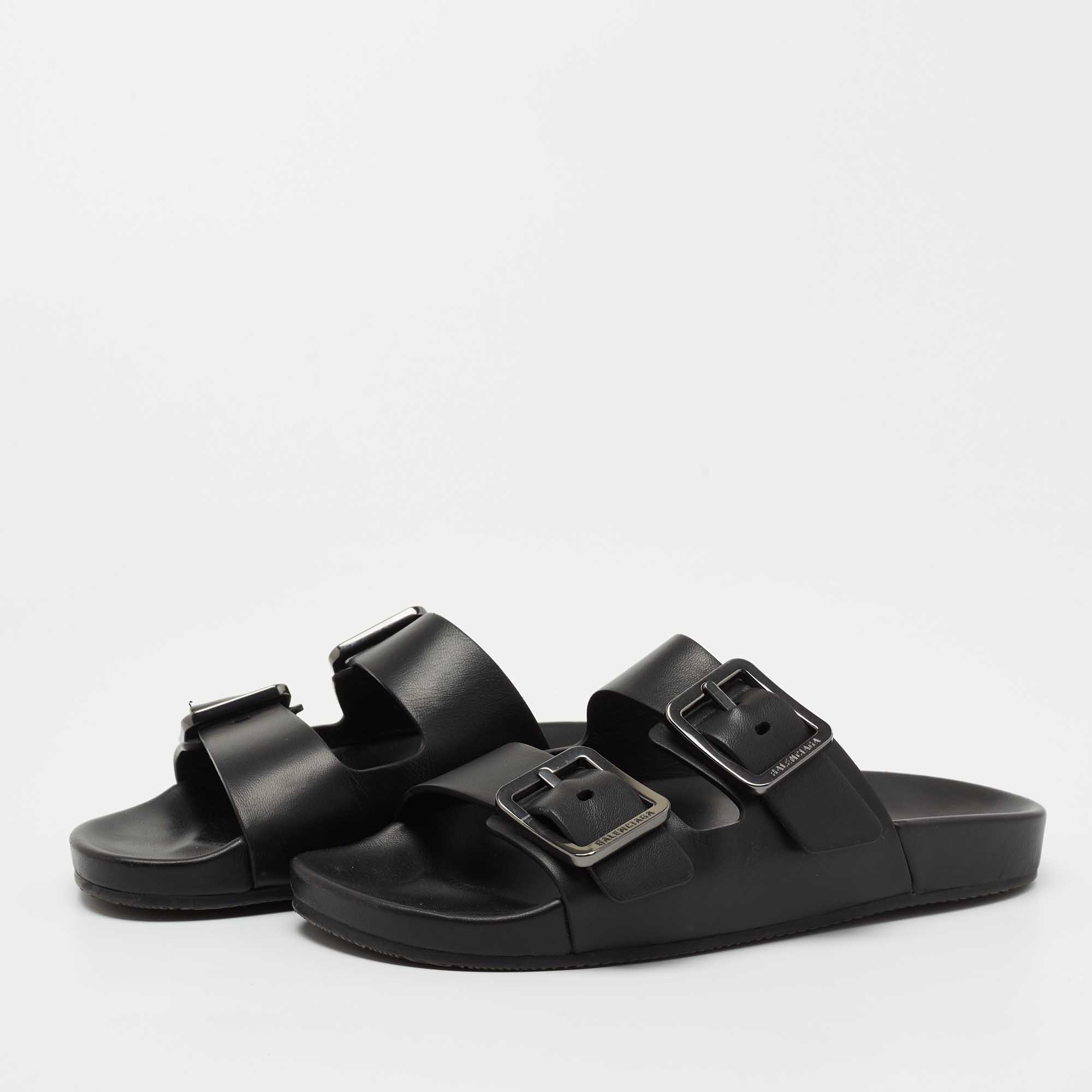 

Balenciaga Black Leather Double Buckle Flat Slides Size