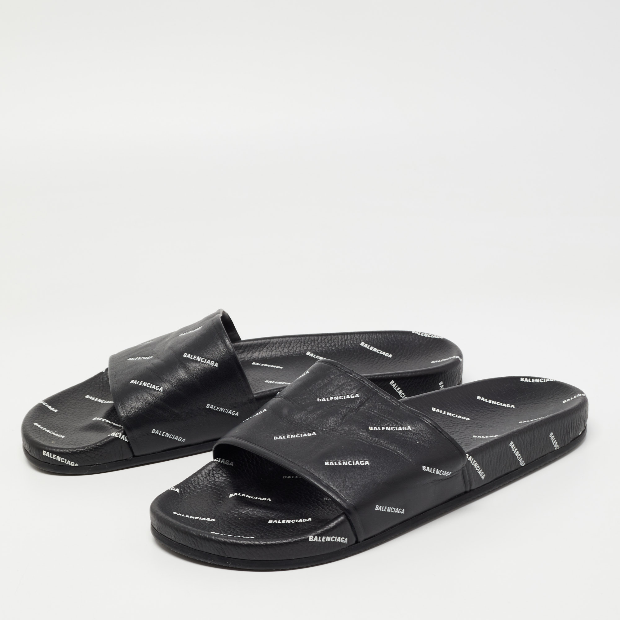 Balenciaga Black Logo Print Leather Slides Size