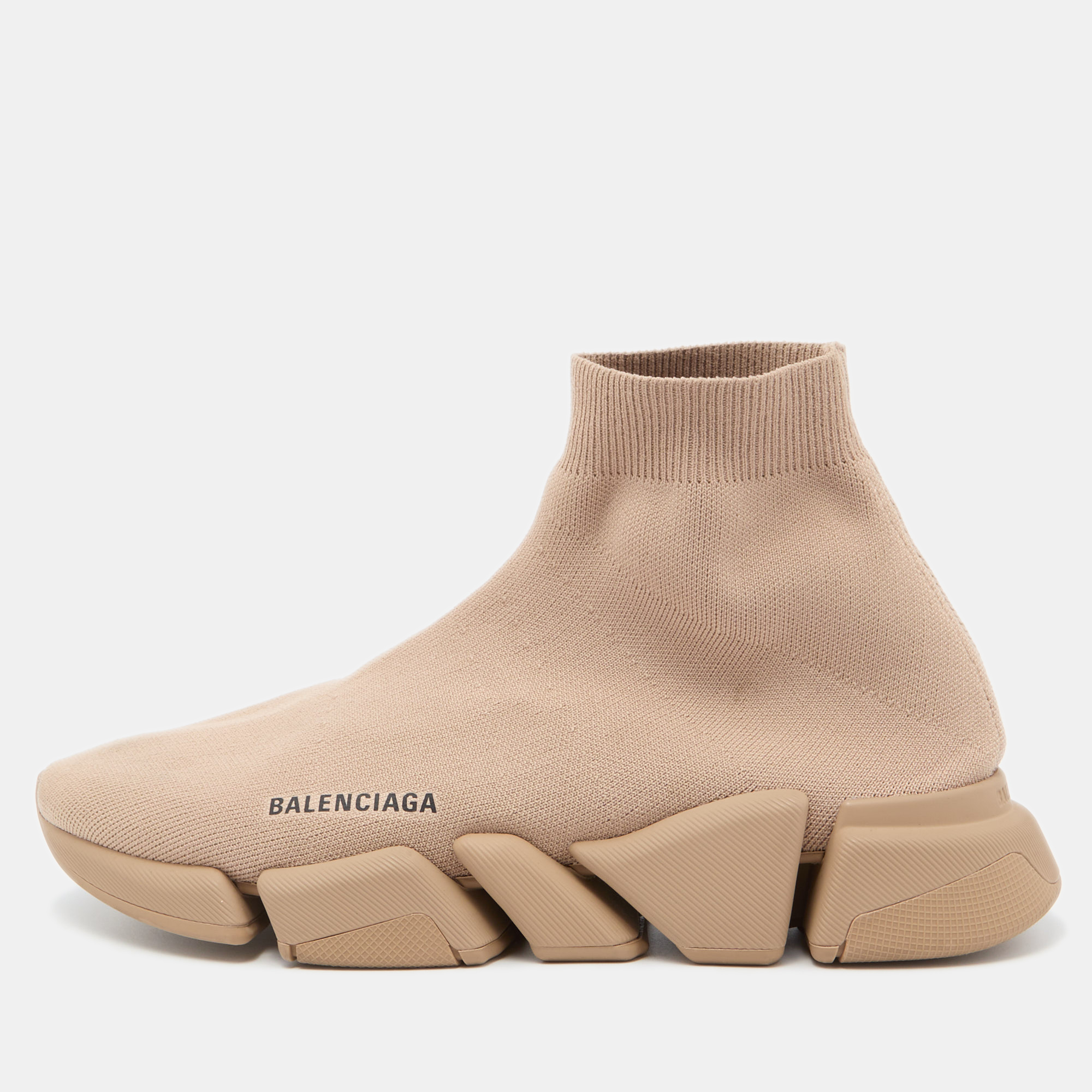 Pre-owned Balenciaga Beige Knit Fabric Speed Trainer Slip On Sneakers Size 43