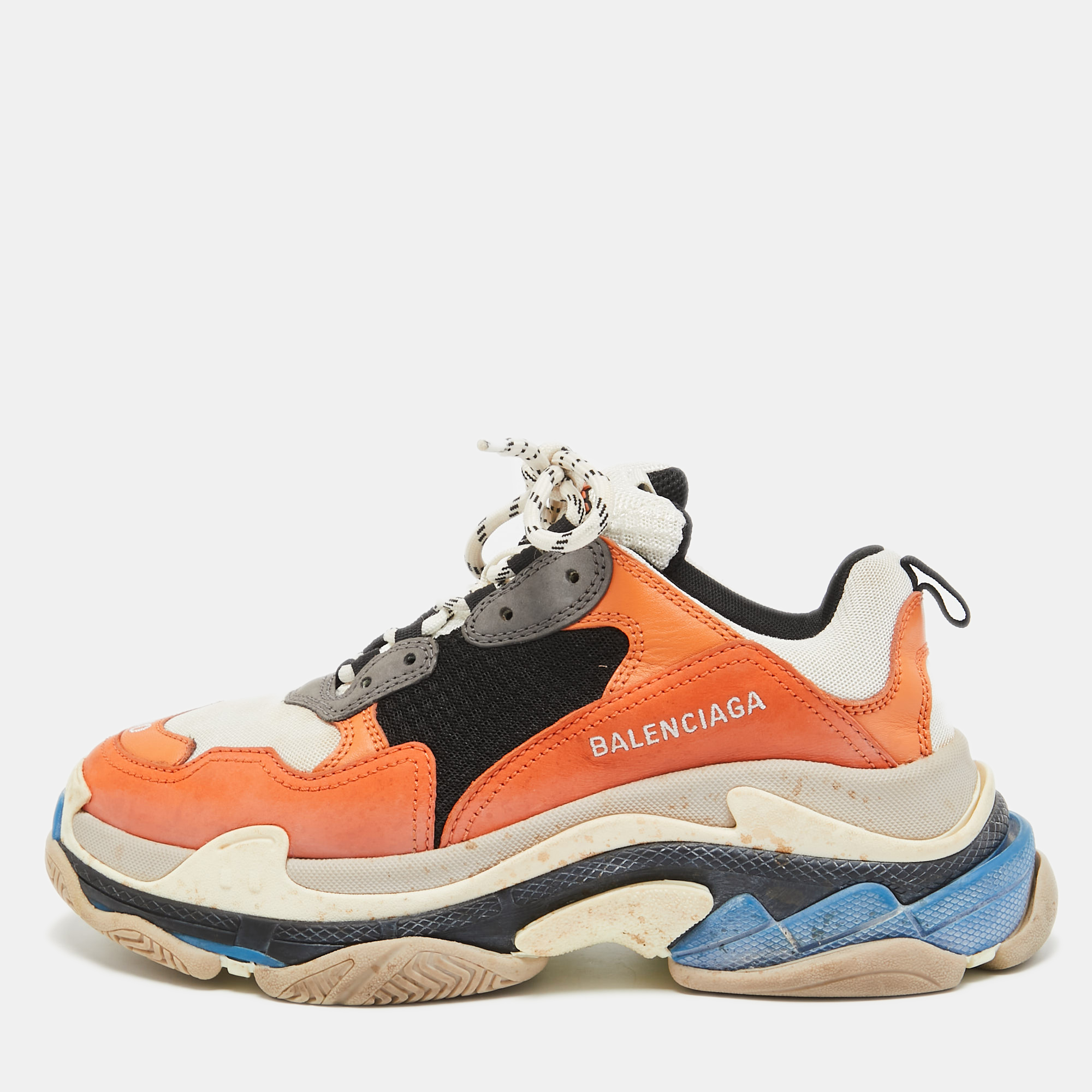 Pre-owned Balenciaga Tricolor Mesh And Leather Triple S Sneakers Size 40 In Orange