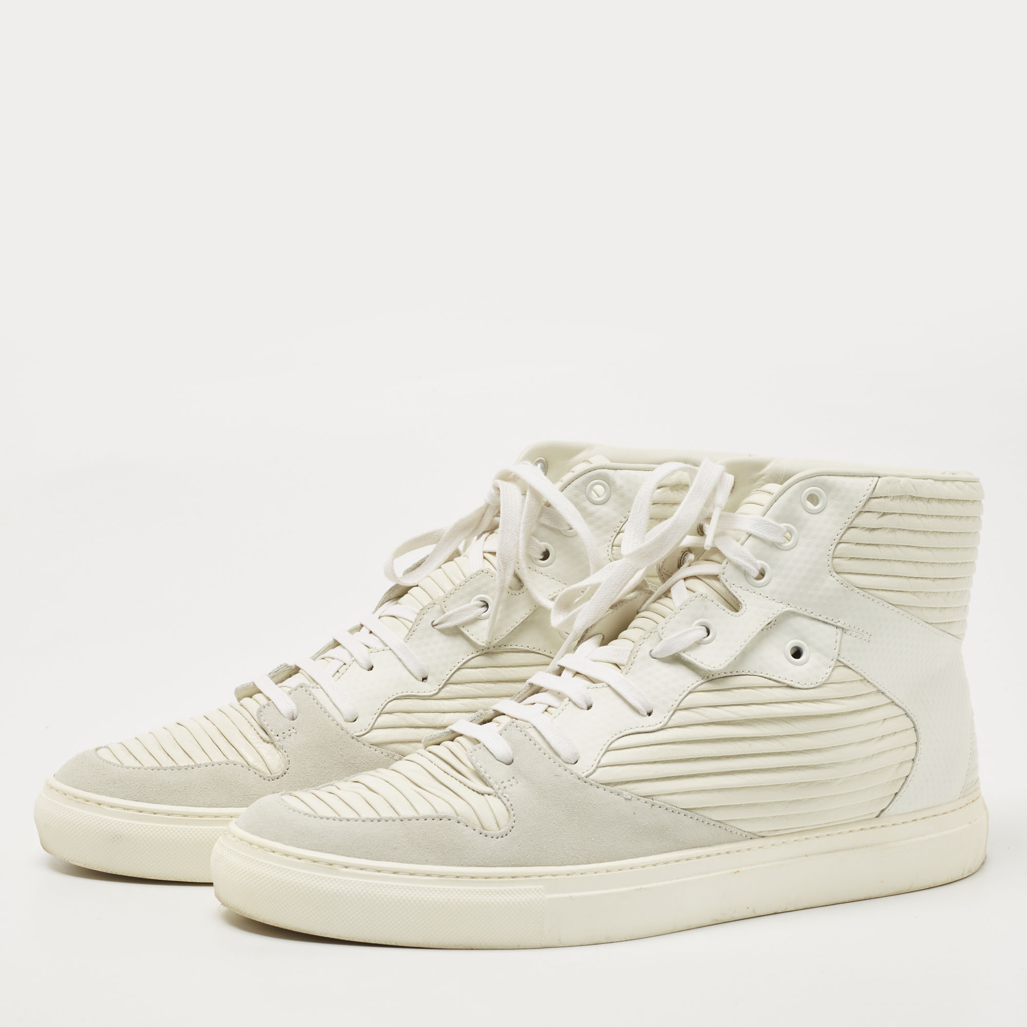 

Balenciaga White/Grey Leather and Suede High Top Sneakers Size