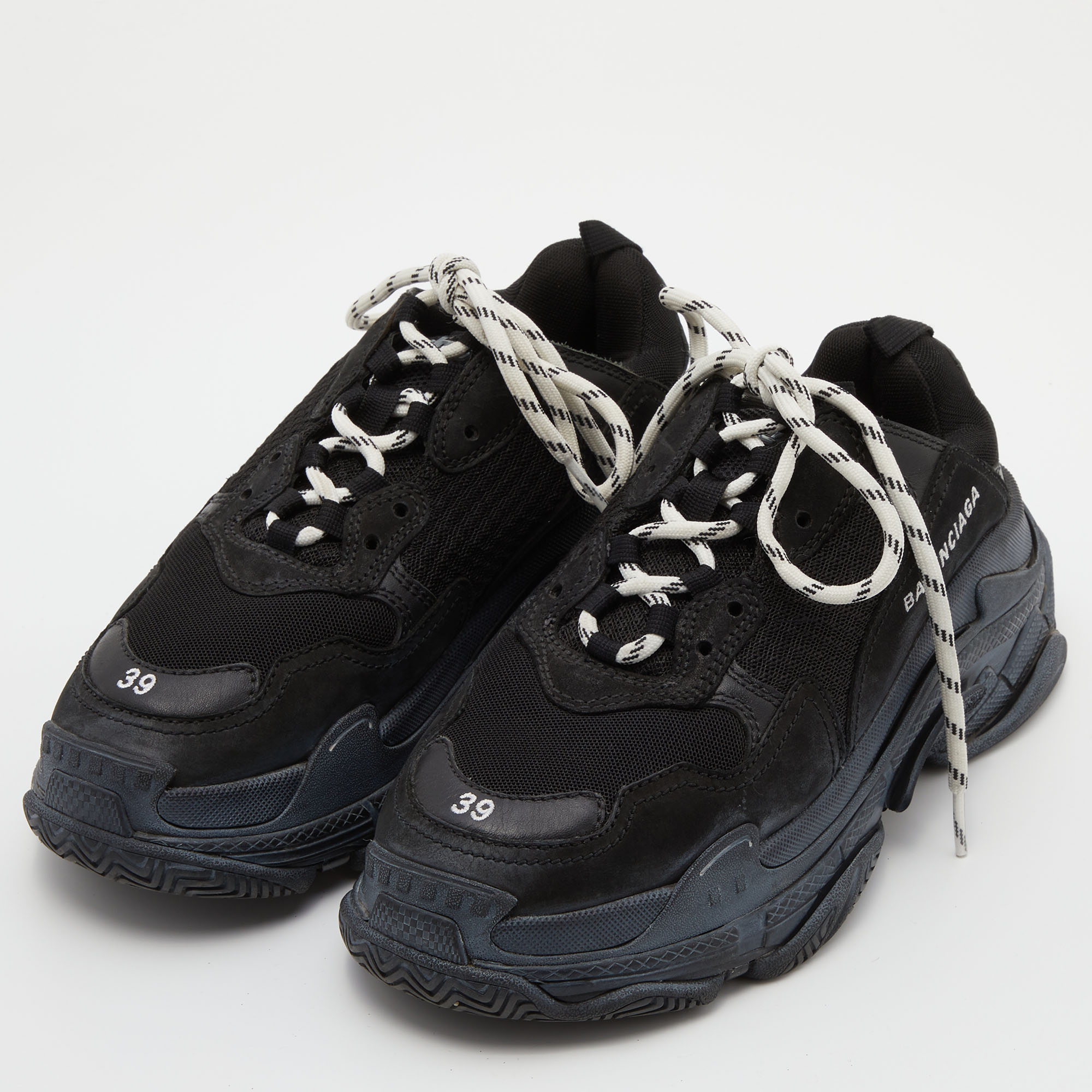 Balenciaga Black Mesh and Leather Triple S Sneakers Size