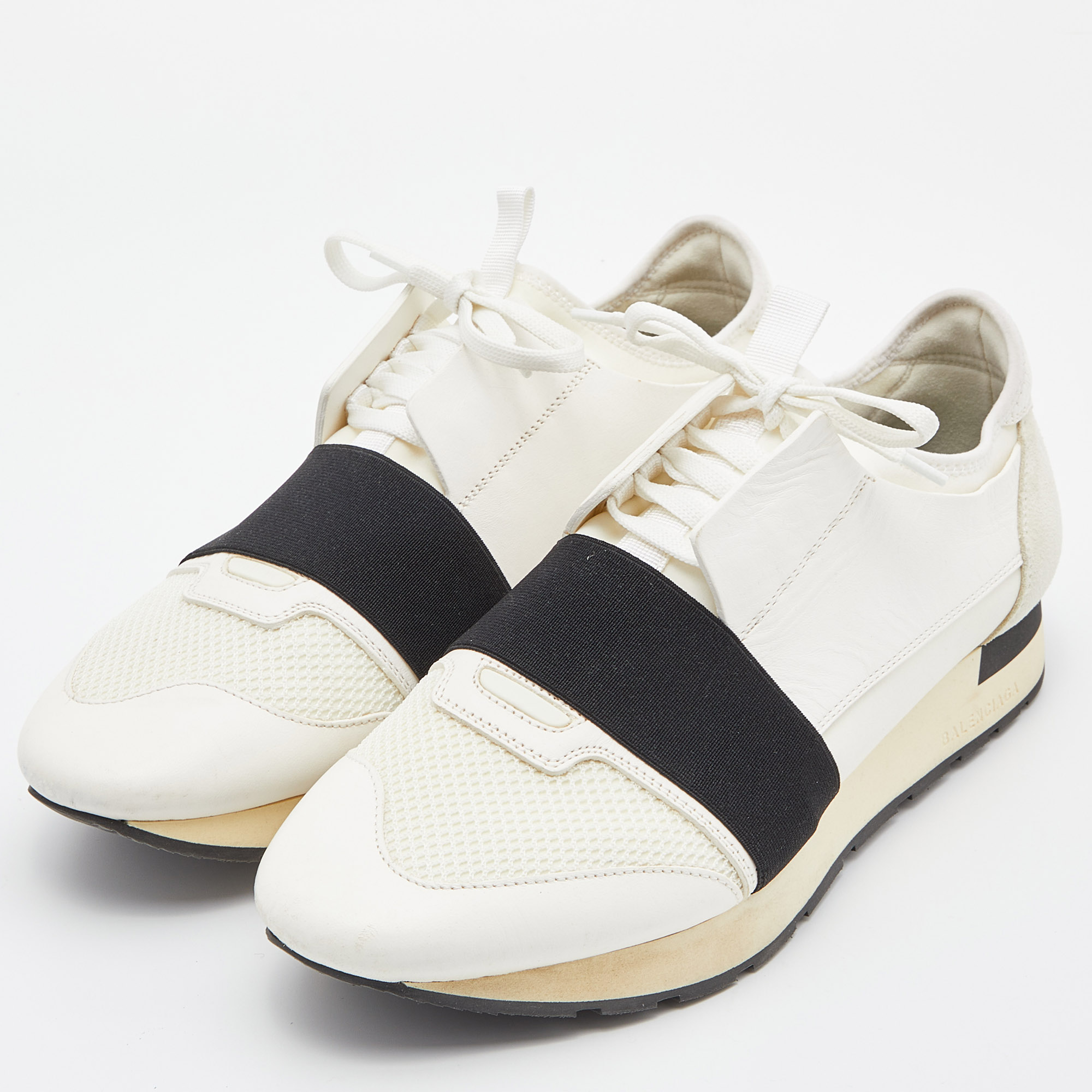 

Balenciaga White Mesh,Suede and Leather Race Runner Sneakers Size