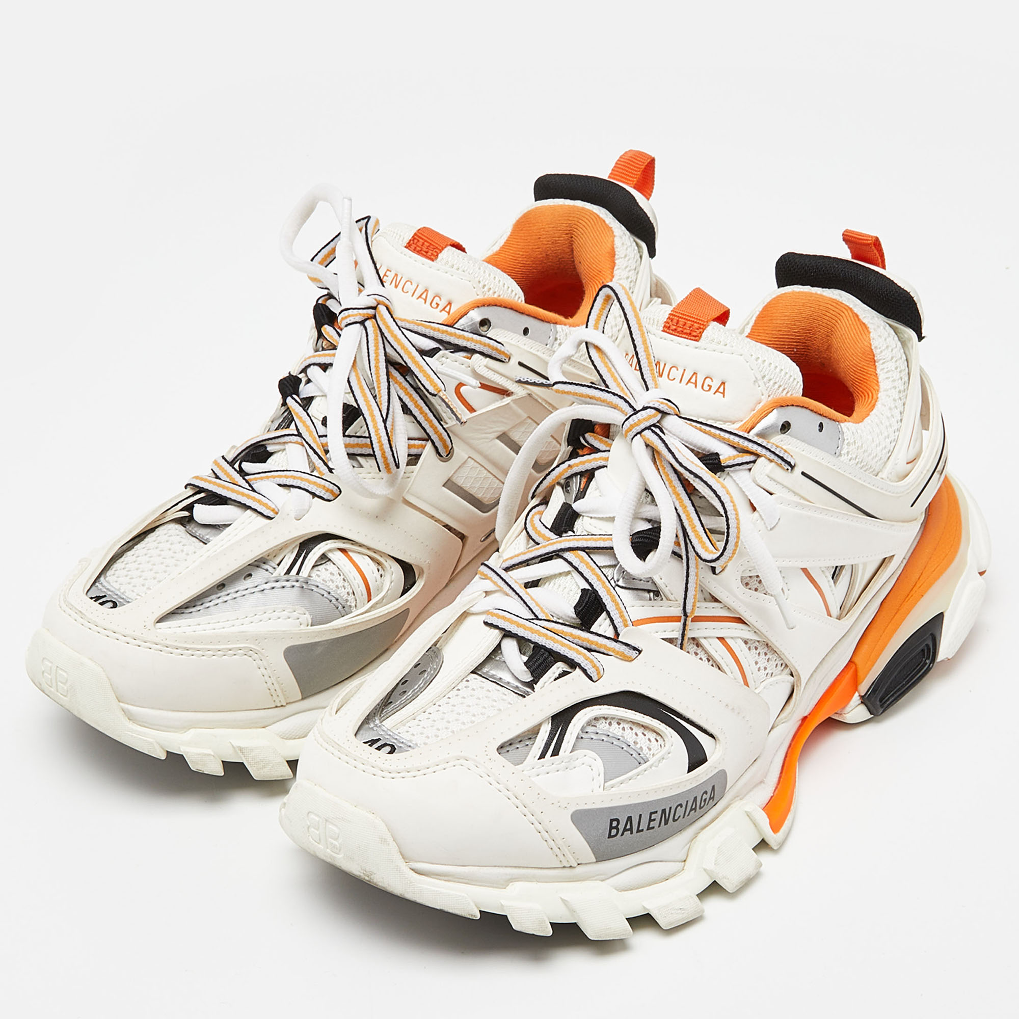 

Balenciaga White/Orange Leather and Mesh Track Sneakers Size
