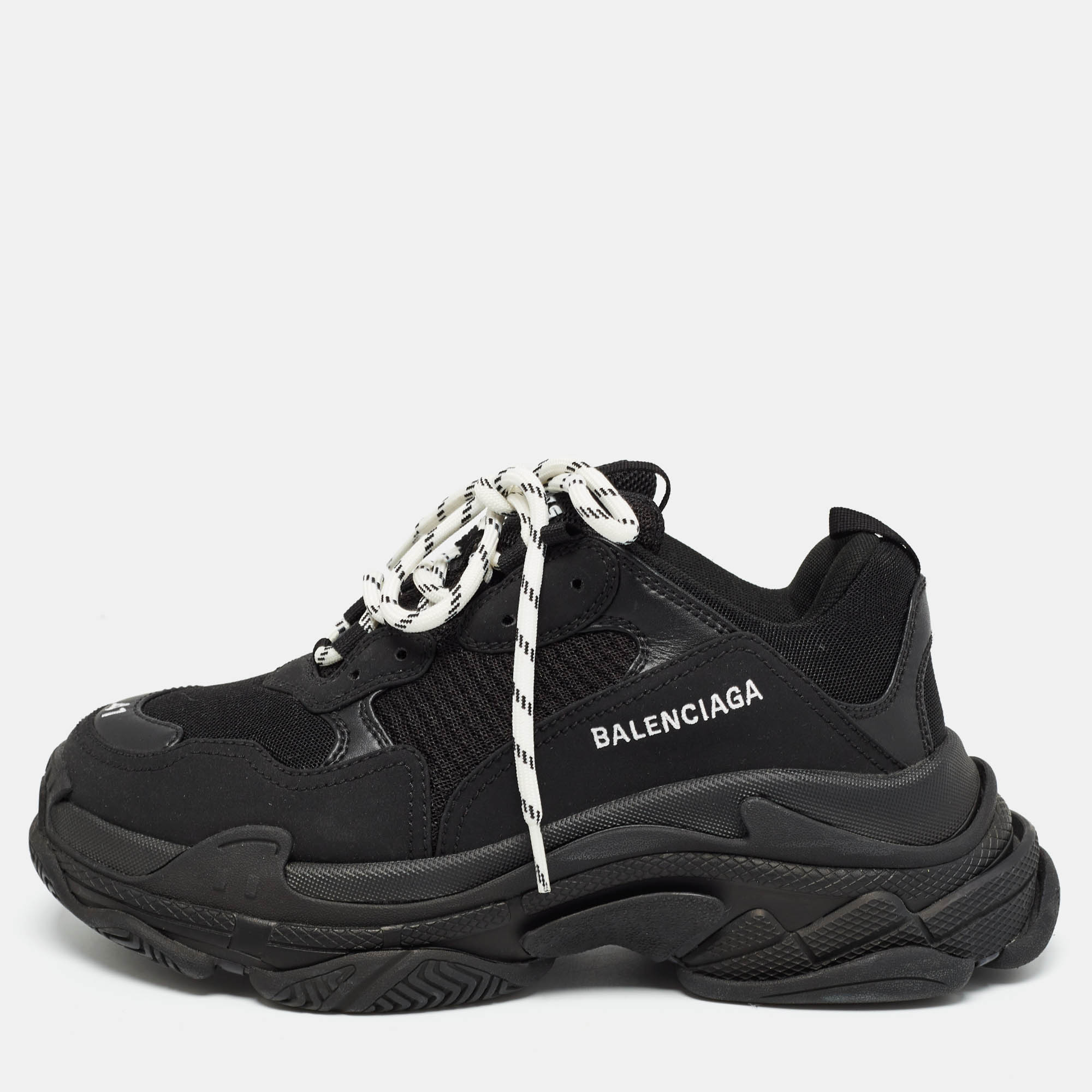 Pre-owned Balenciaga Black Mesh And Faux Leather Triple S Trainers Size 41
