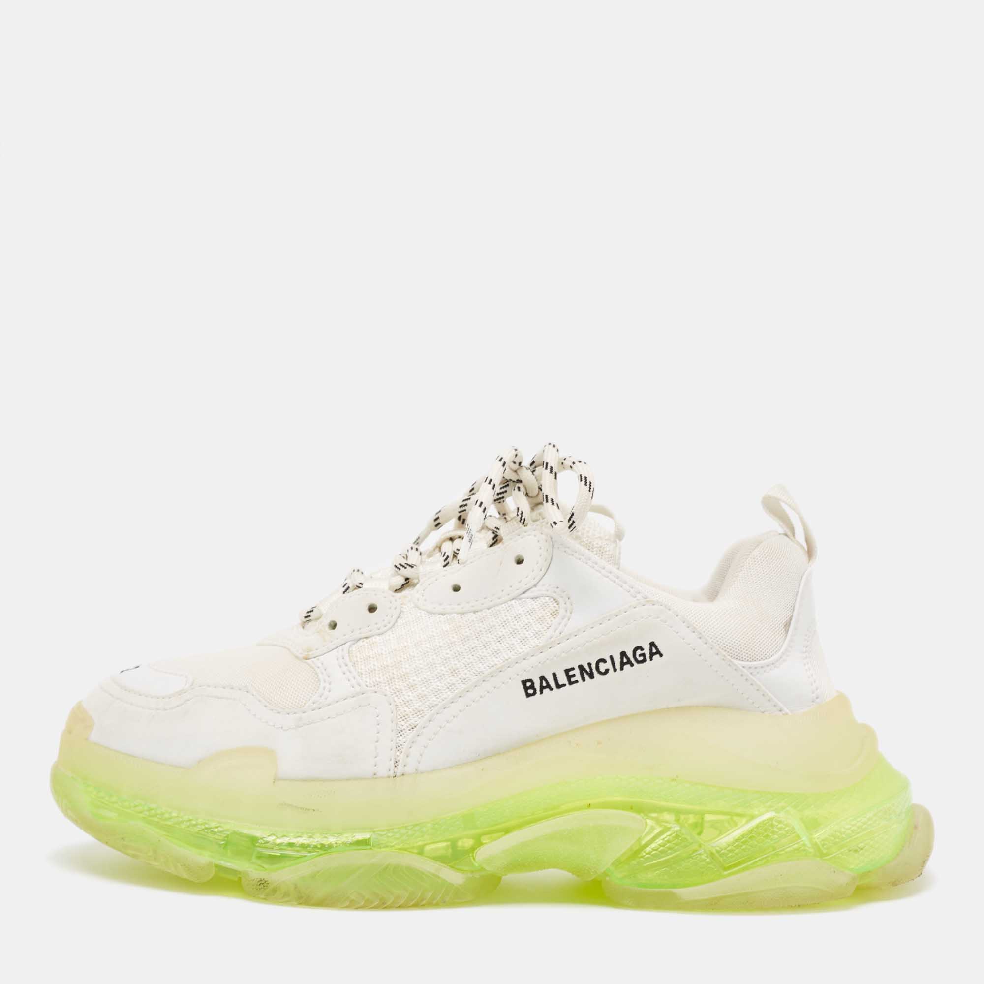 Pre-owned Balenciaga White Faux Leather And Mesh Triple S Clear Sole Low Top Sneakers Size 42