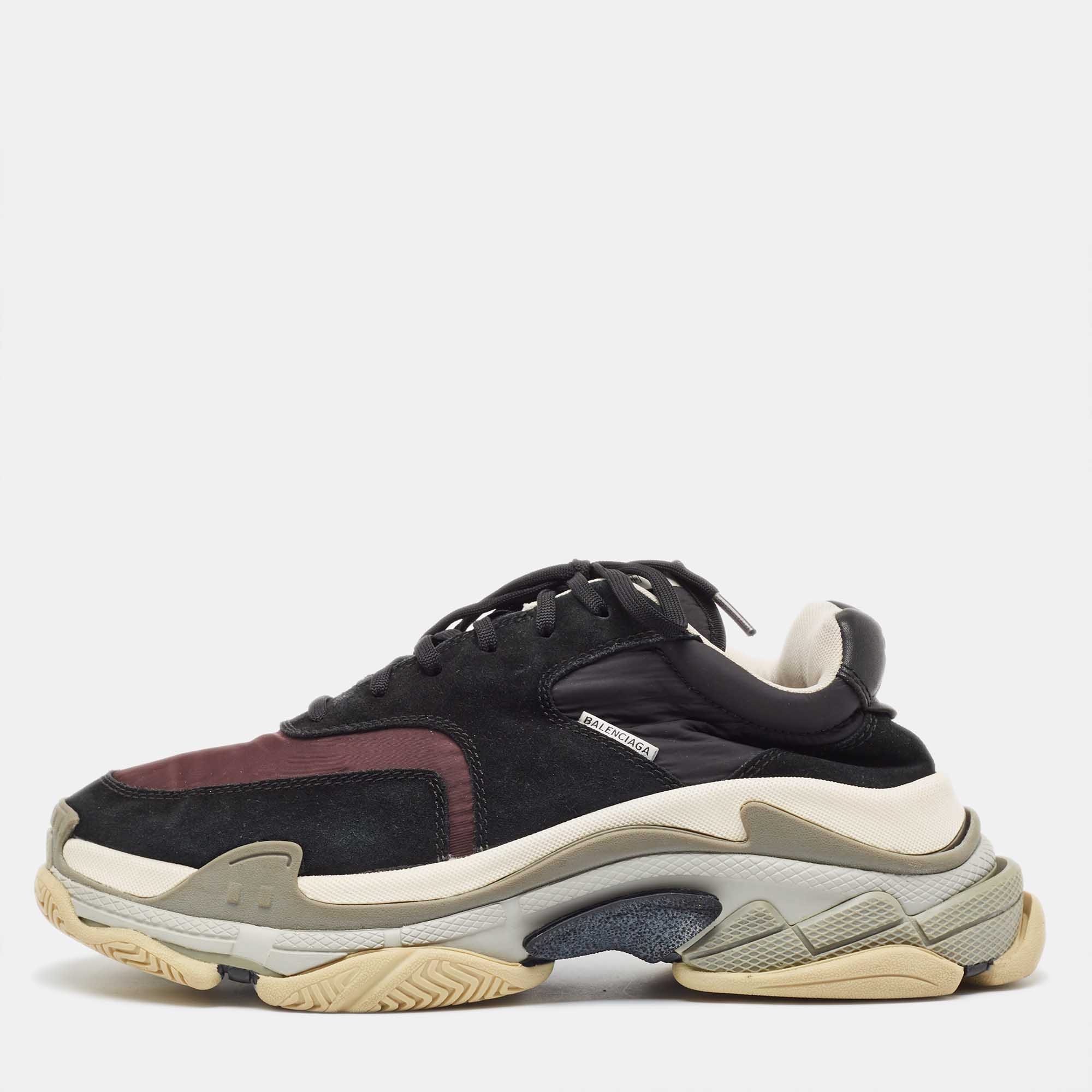 Pre-owned Balenciaga Black/burgundy Suede Leather And Fabric Triple S Low Top Trainers Size 44