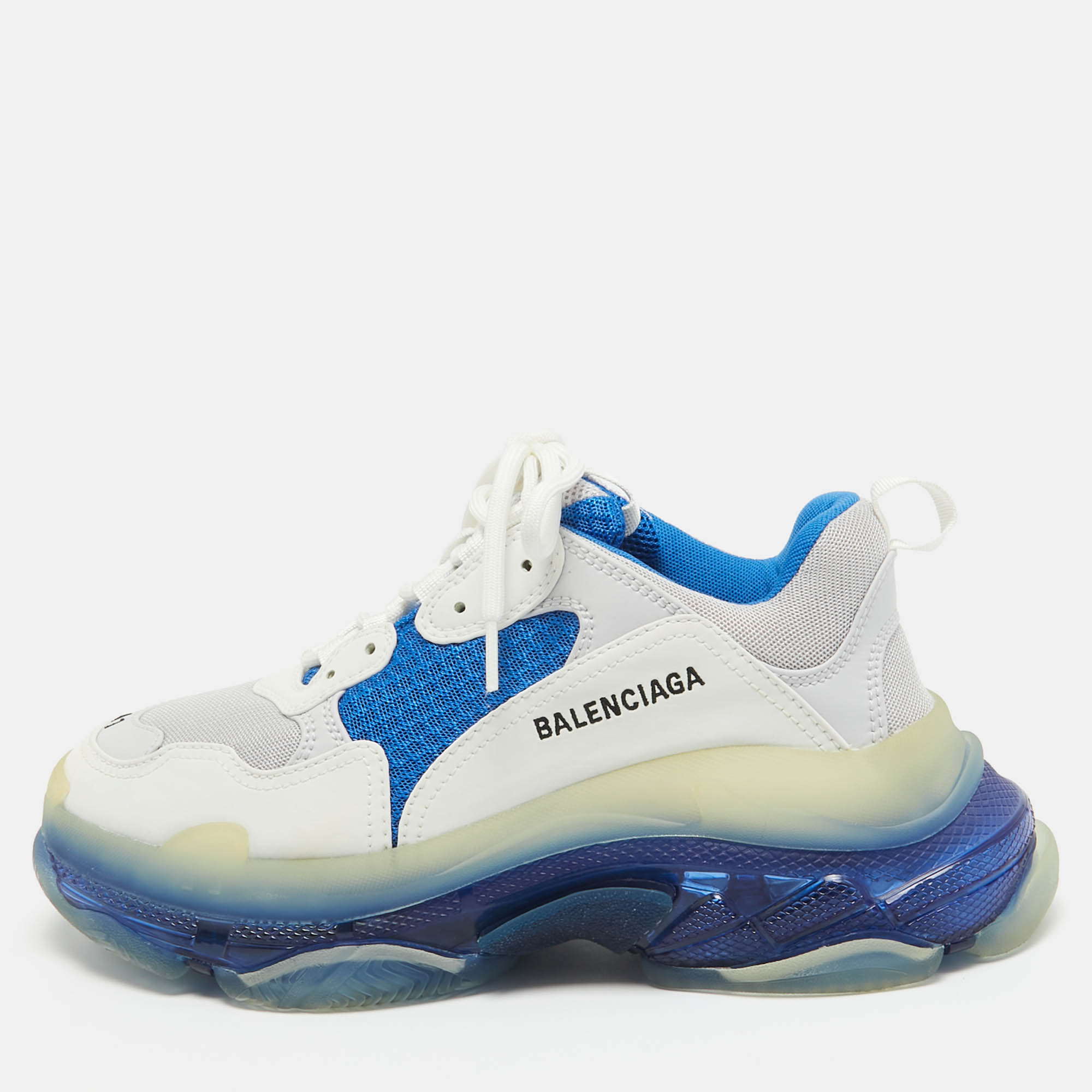 

Balenciaga White/Blue Leather and Mesh Triple S Clear Sole Sneakers Size