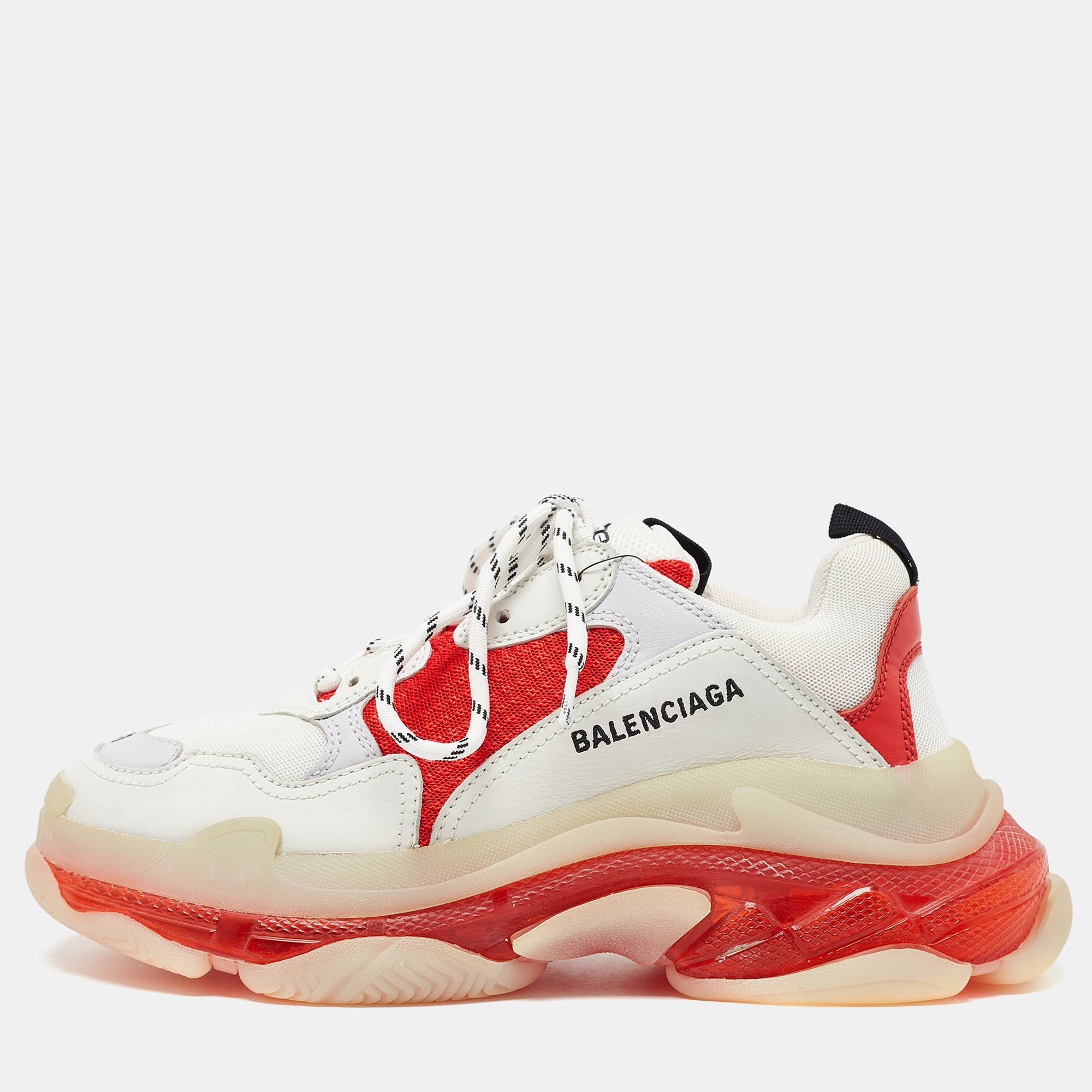 

Balenciaga White/Red Leather and Mesh Triple S Clear Sole Sneakers Size