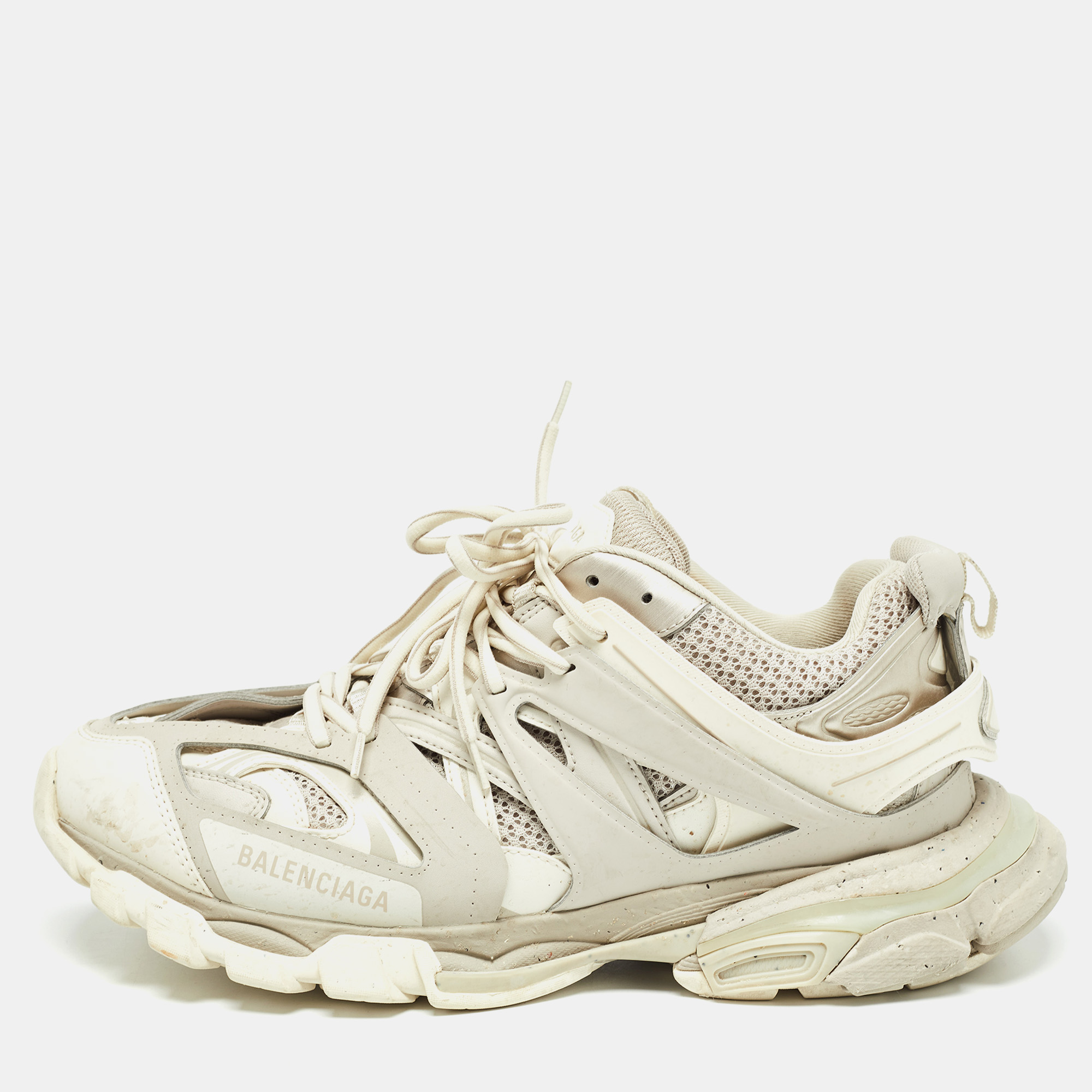 

Balenciaga Grey/Cream Faux Leather and Mesh Track Sneakers Size