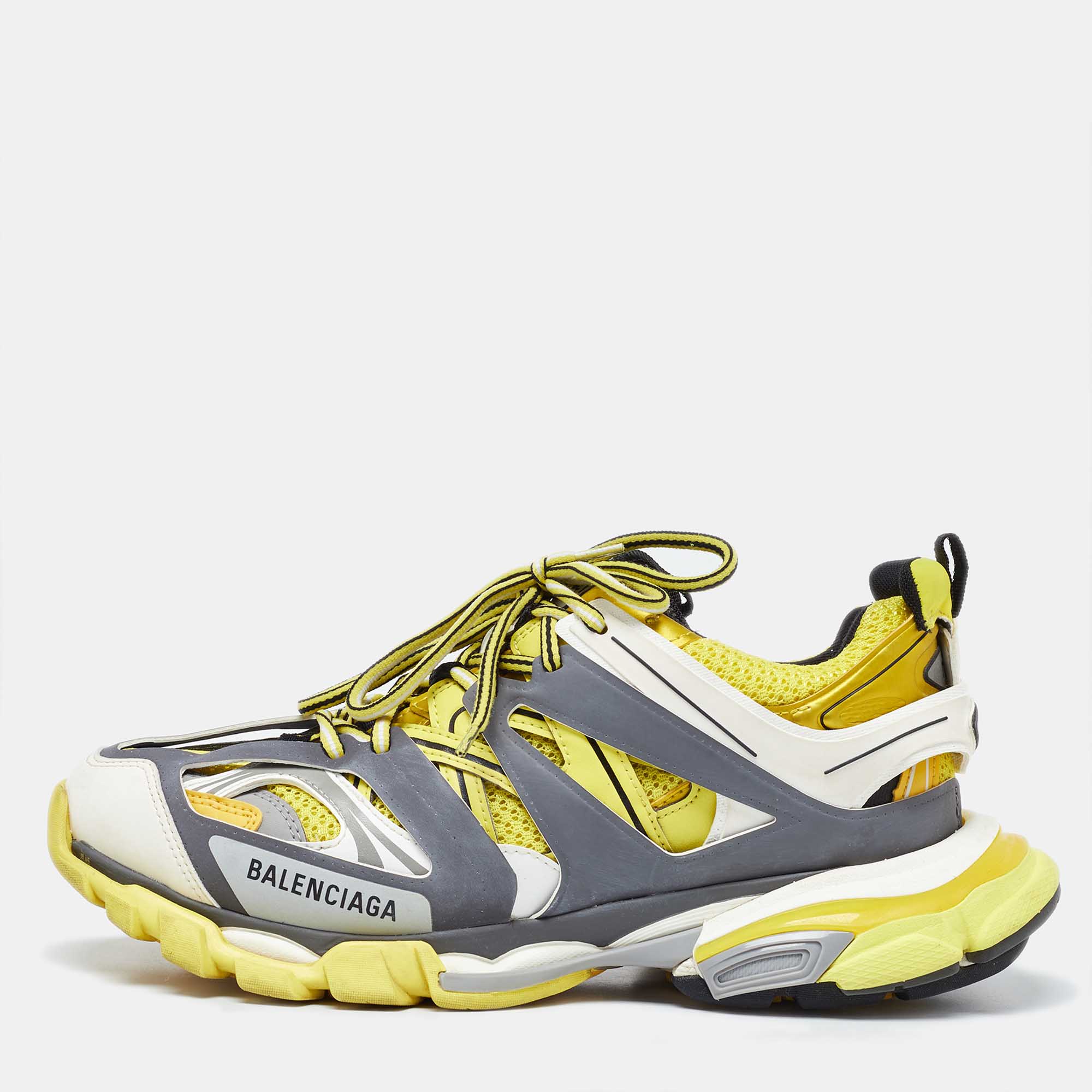 

Balenciaga Yellow/Grey Faux Leather and Mesh Track Low Top Sneakers Size, Black