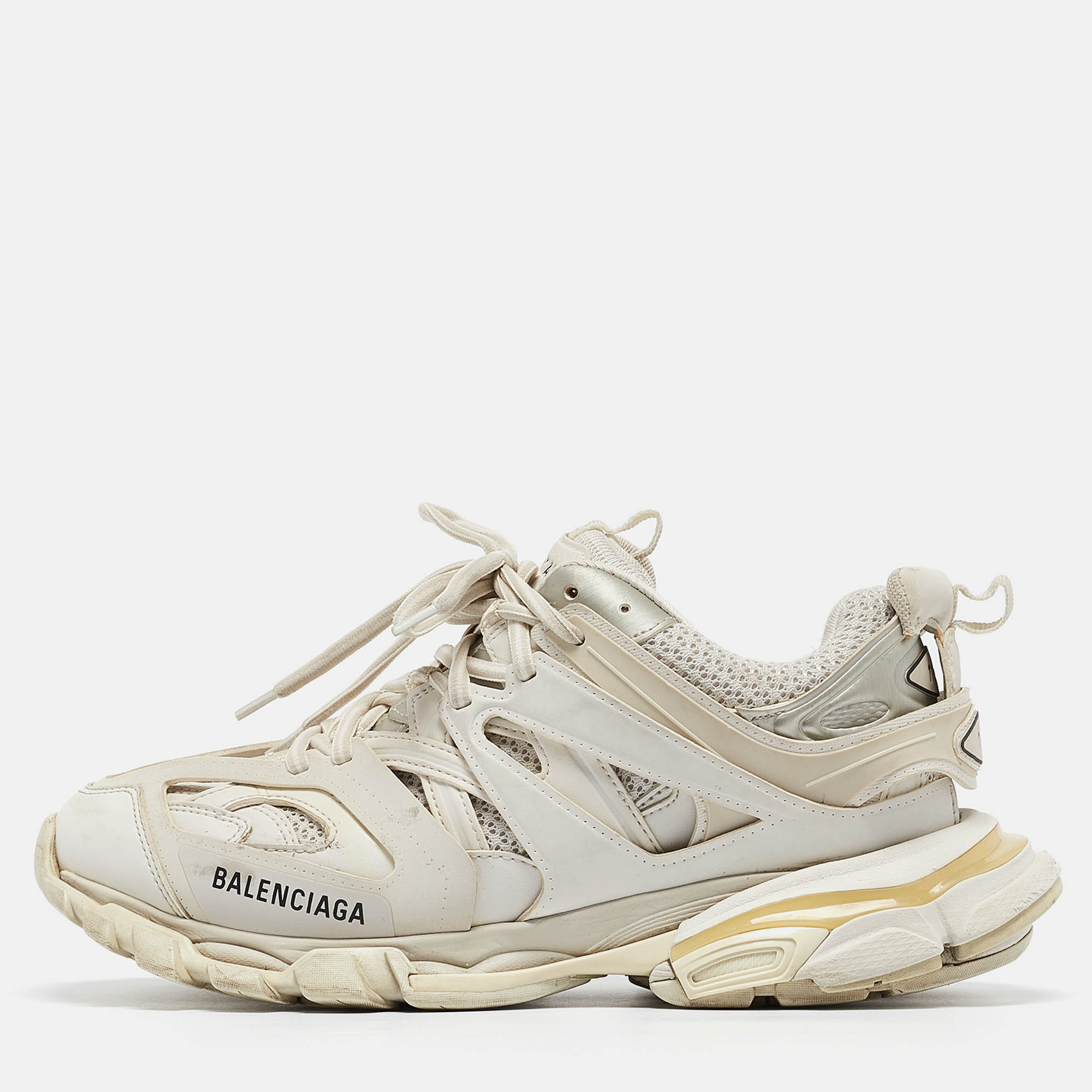 

Balenciaga White Faux Leather and Mesh Track Sneakers Size