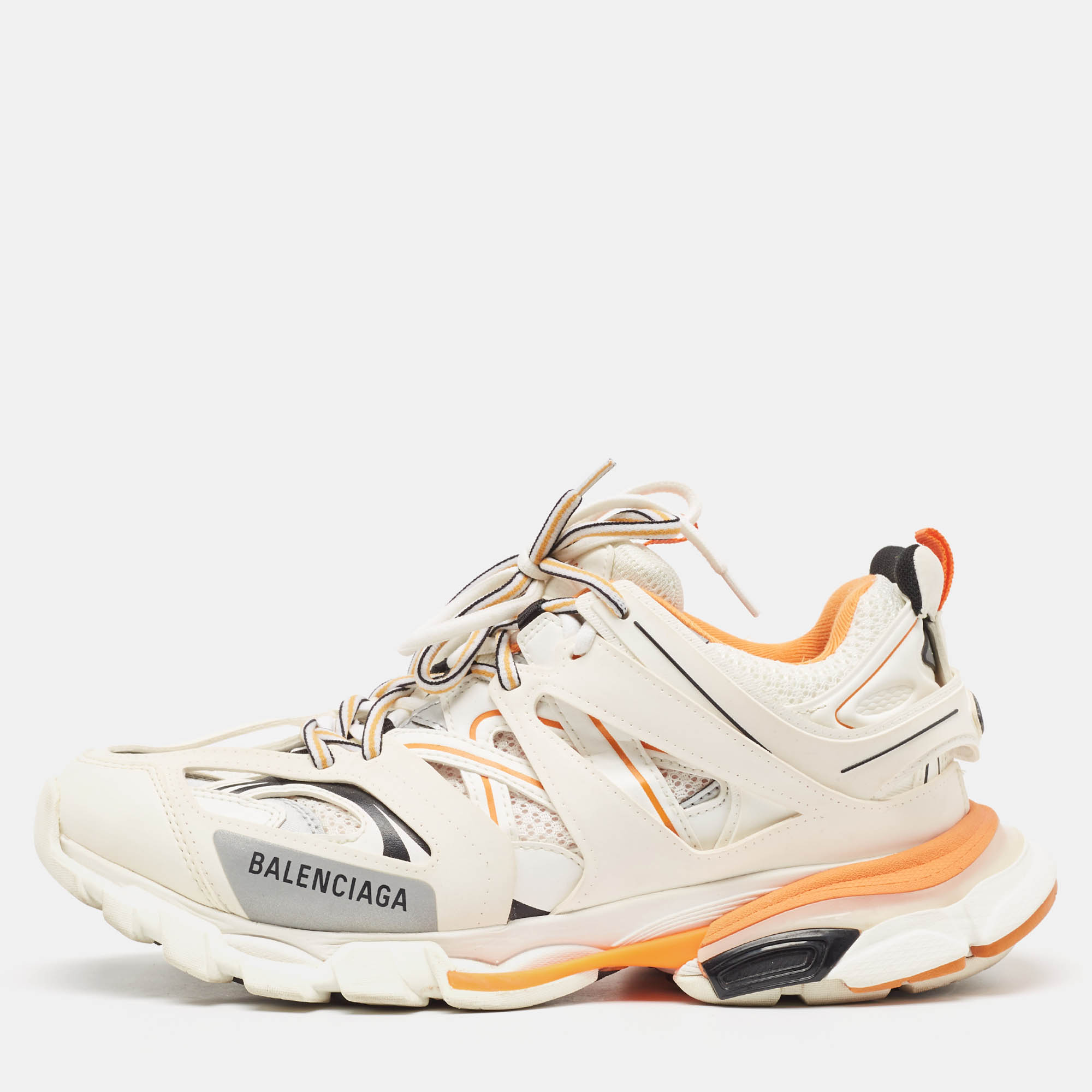 

Balenciaga White/Orange Faux Leather and Mesh Track Sneakers Size