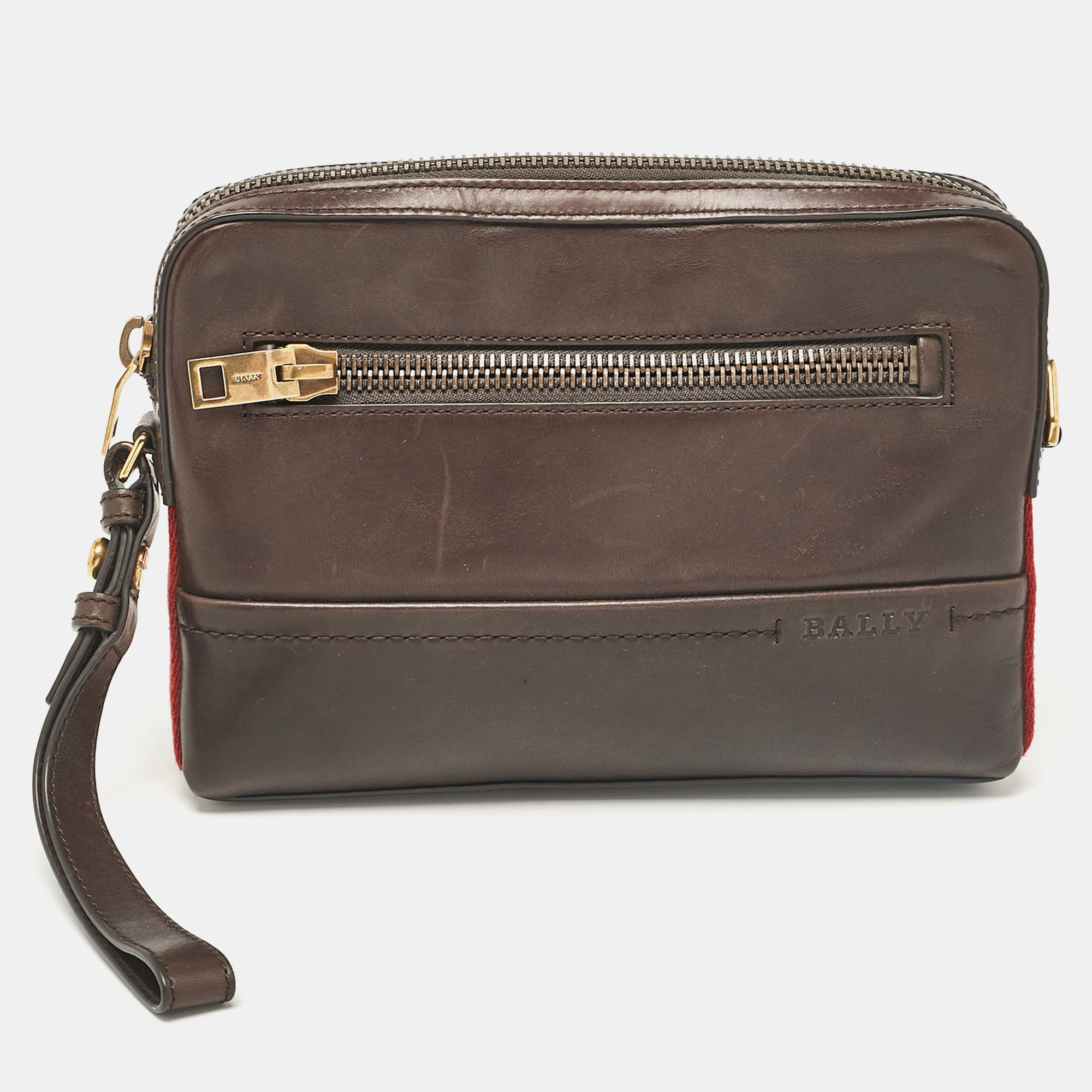 

Bally Dark Brown Leather Stripe Wristlet Pouch