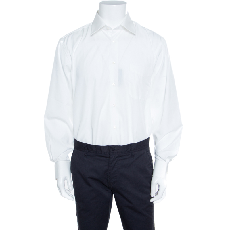 Balmain White Striped Cotton Long Sleeve Button Front Two Ply Shirt L