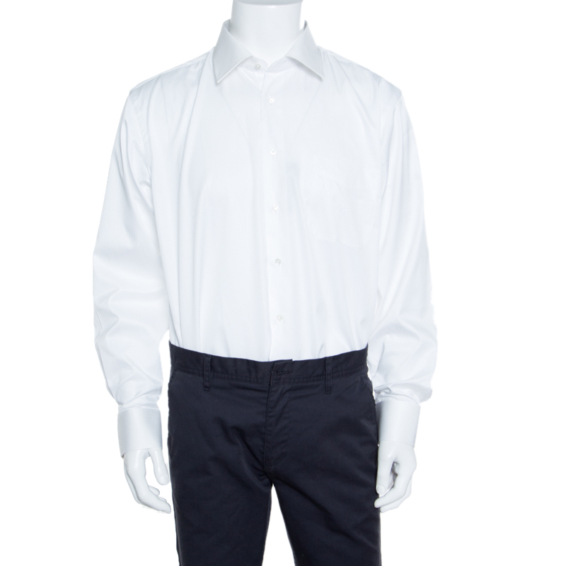Pre Owned Balmain White Cotton Long Sleeve Button Front Two Ply Shirt L