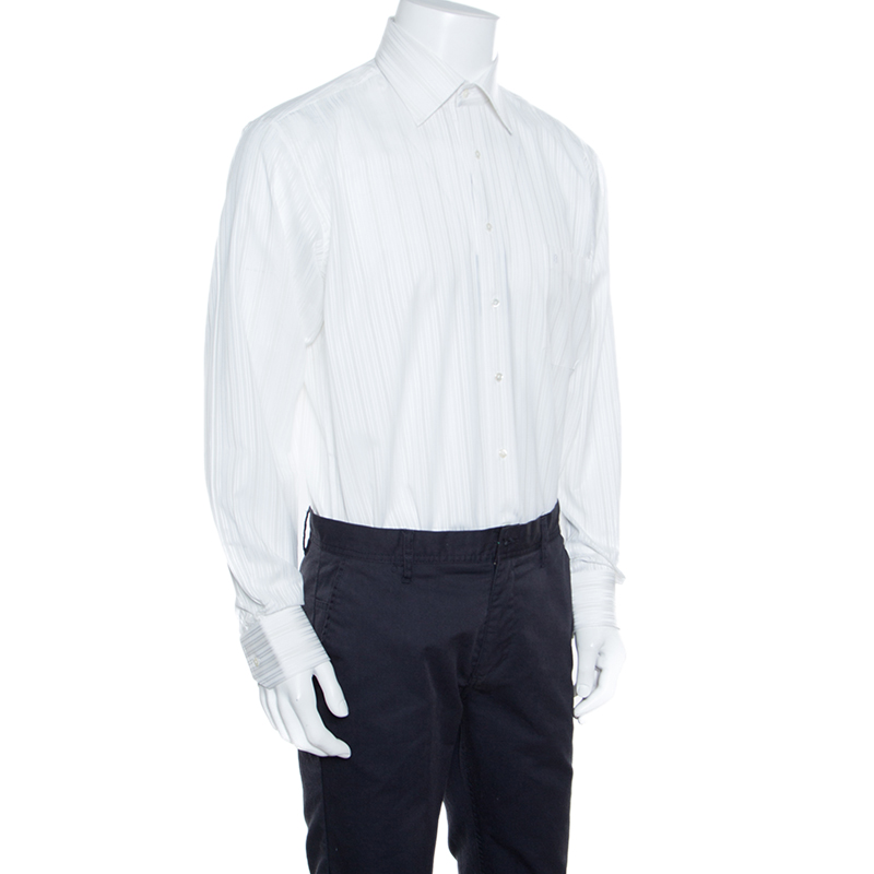 

Balmain Off White Striped Cotton Long Sleeve Button Front Two Ply Shirt