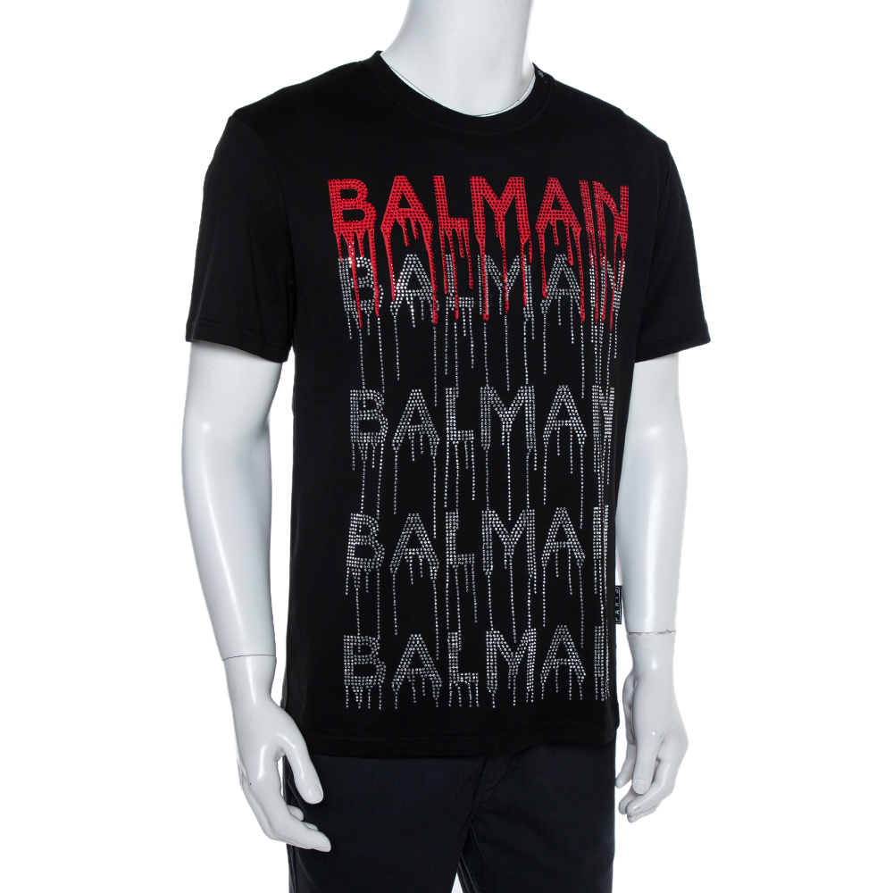 

Balmain Black Cotton Embellished Dripping Logo Detail Crewneck T-Shirt