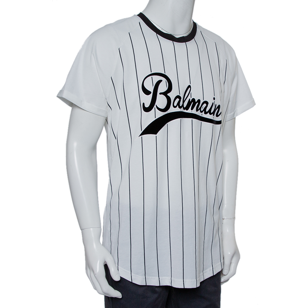 

Balmain White Striped Cotton Velvet Logo Detail Crewneck T-Shirt