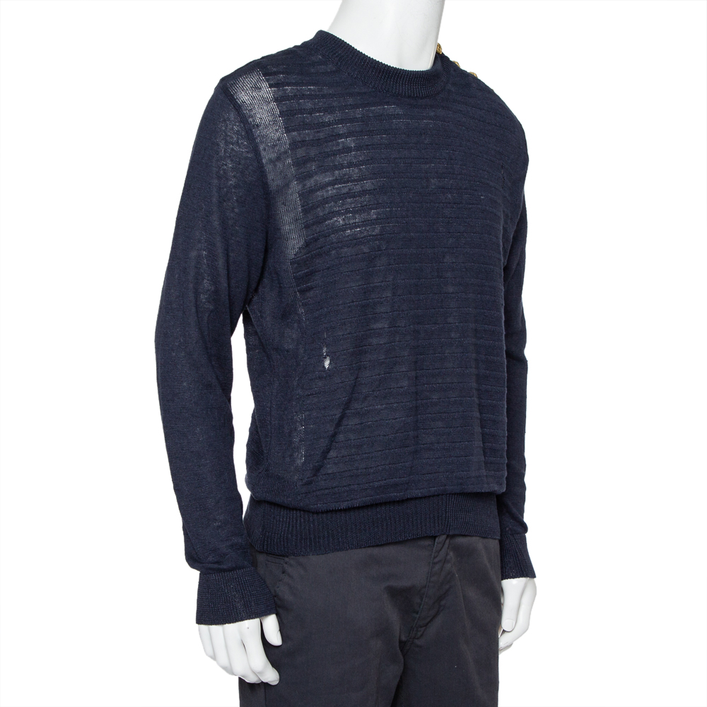 

Balmain Navy Blue Linen Knit Shoulder Button Detail Distressed Sweater