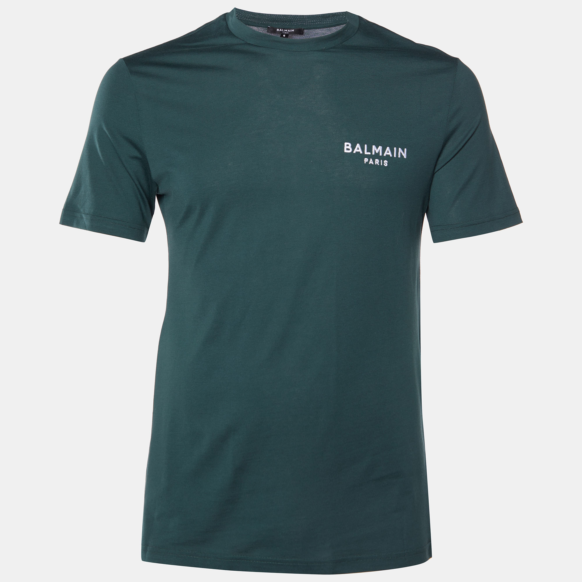 Pre-owned Balmain Deep Green Cotton Jersey Logo Embroidered Crew Neck T-shirt S
